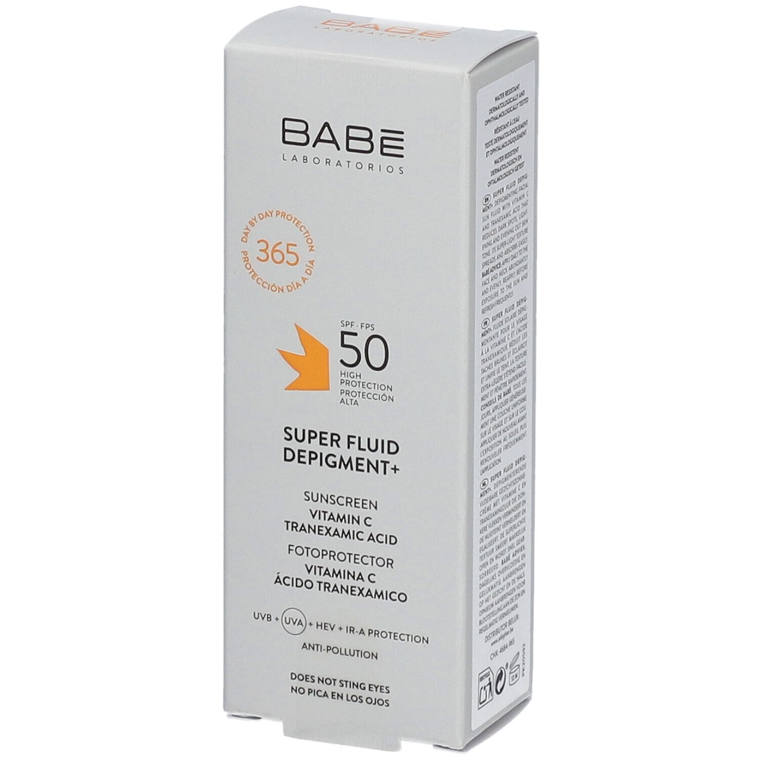 Boîte blanche BABE. Inscription: Super Fluid Depigment+, SPF 50. Contient vitamine C et acide tranexamique. 50 ml.