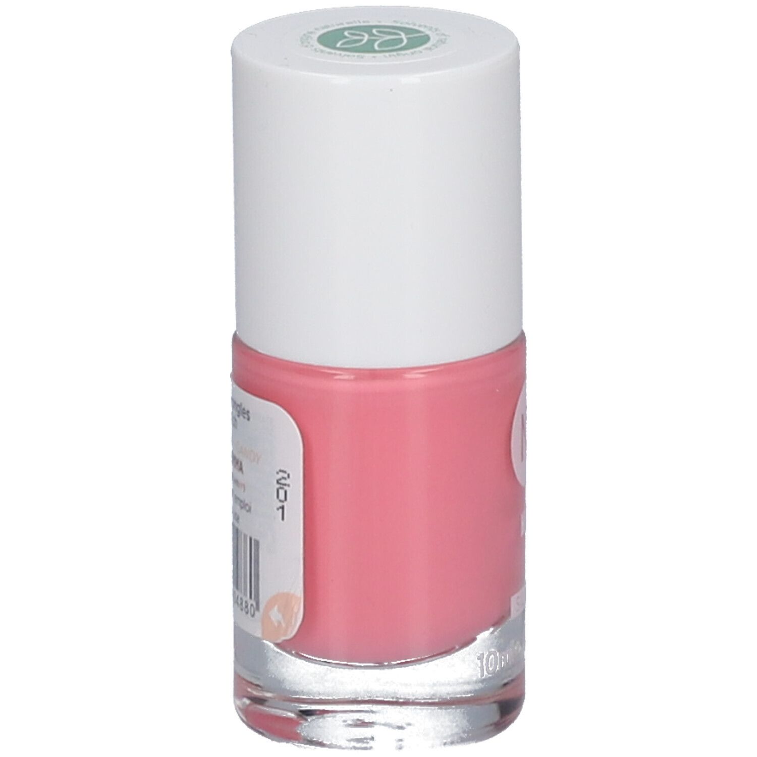 Roze nagellakfles. Witte dop. Etiket met productinformatie en barcode.