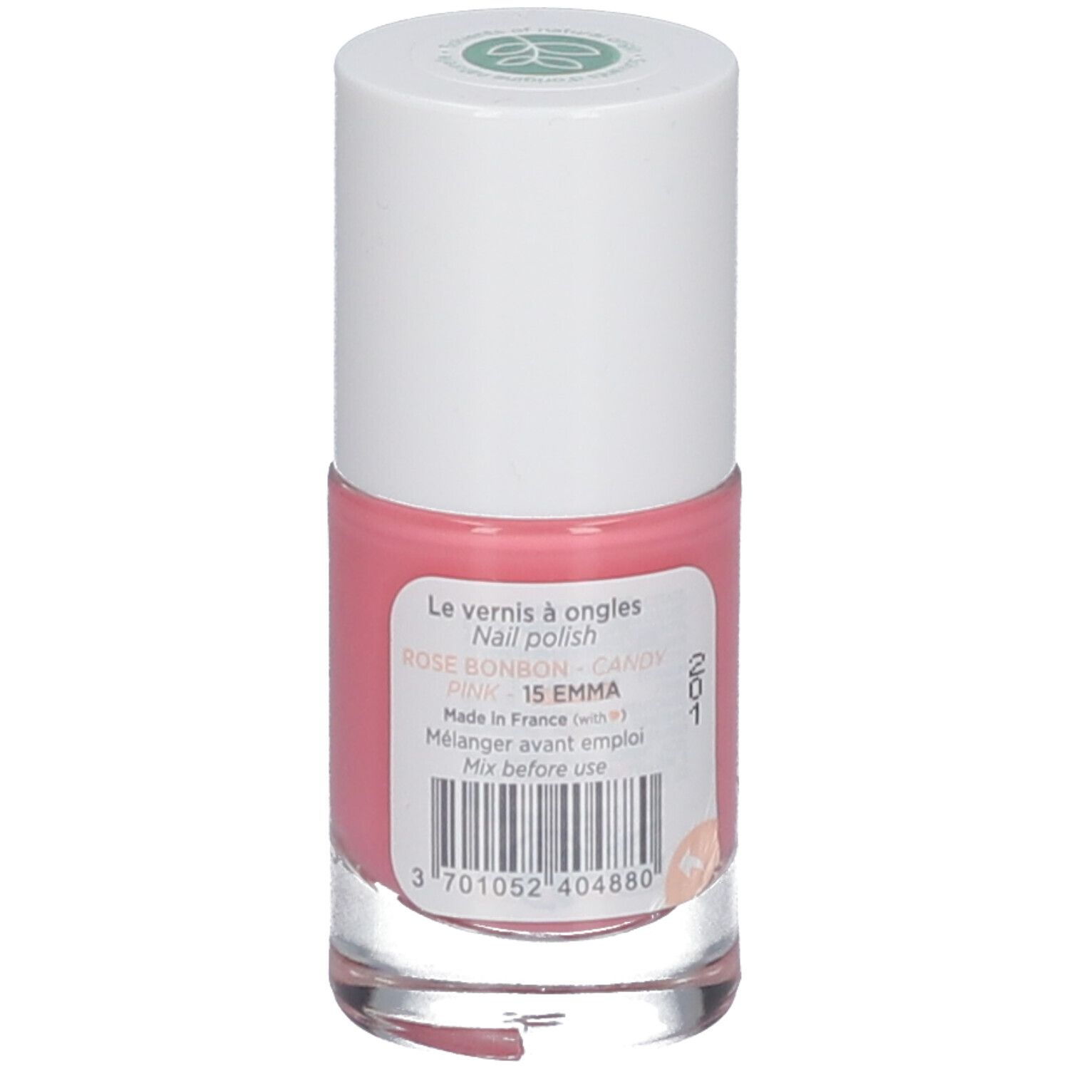 Roze nagellakfles. Witte dop. Etiket met productnaam, barcode en fabrikantinfo.