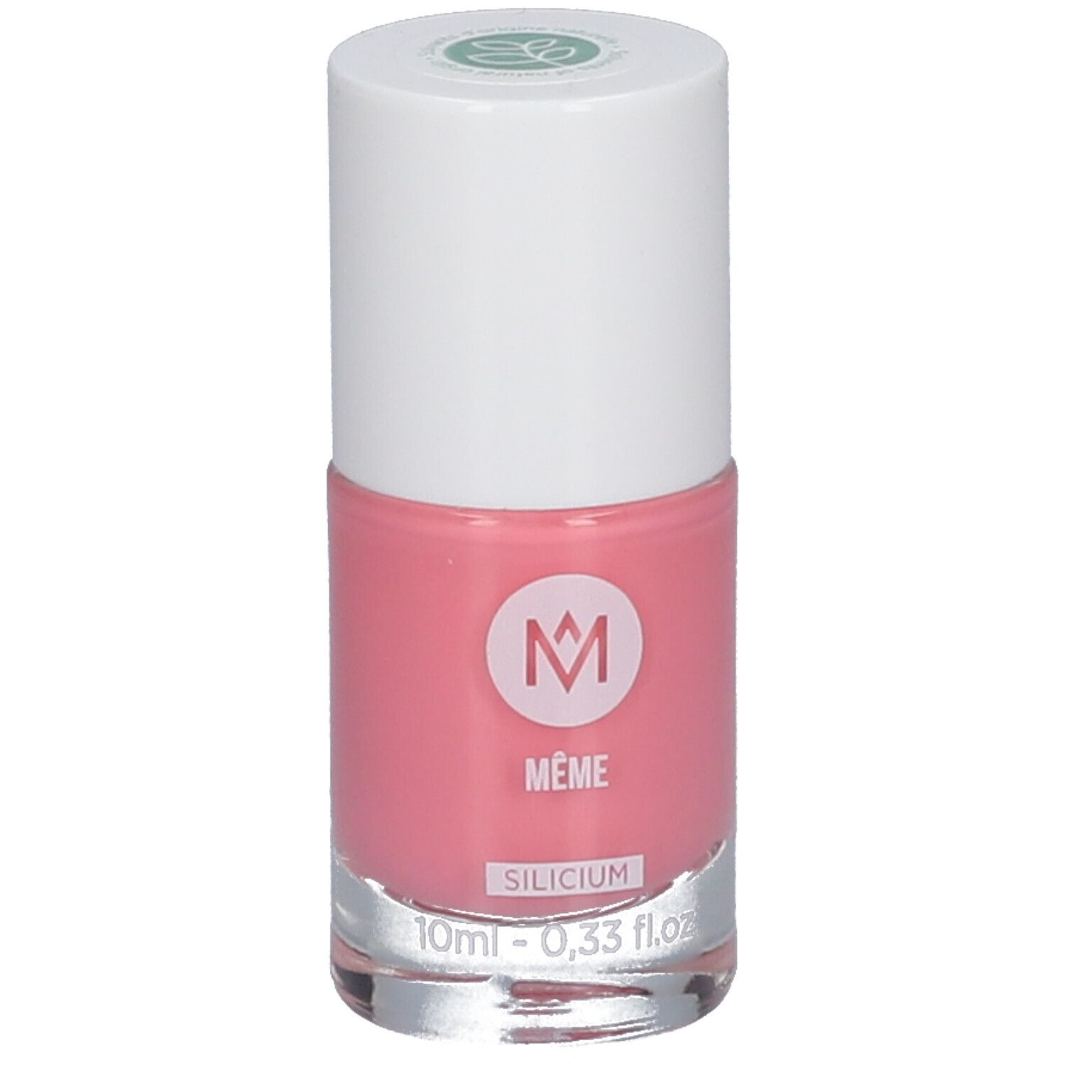 Roze nagellakfles. Witte dop, groen logo. Opschrift: MEME, Silicium, 10ml.