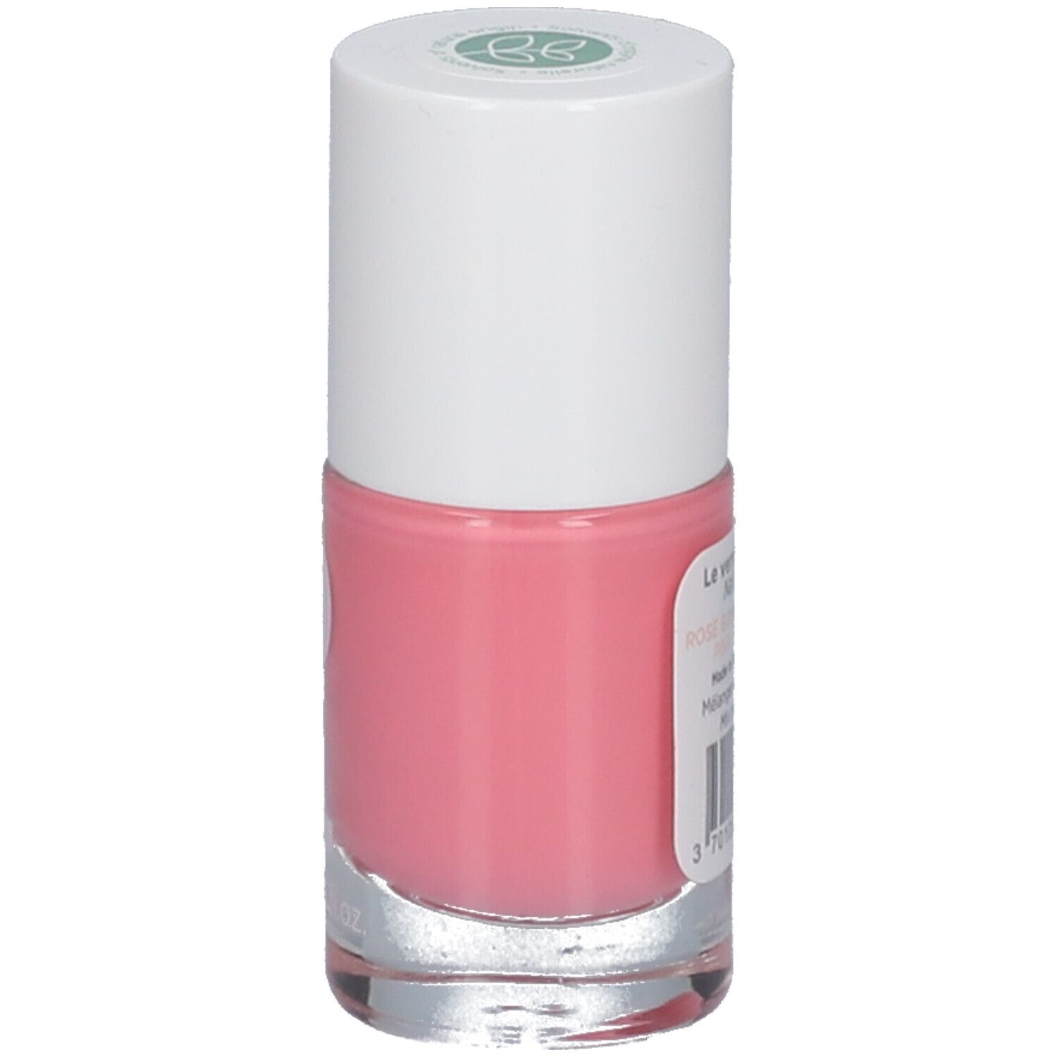 Roze nagellakfles. Witte dop. Etiket met productinformatie en barcode.