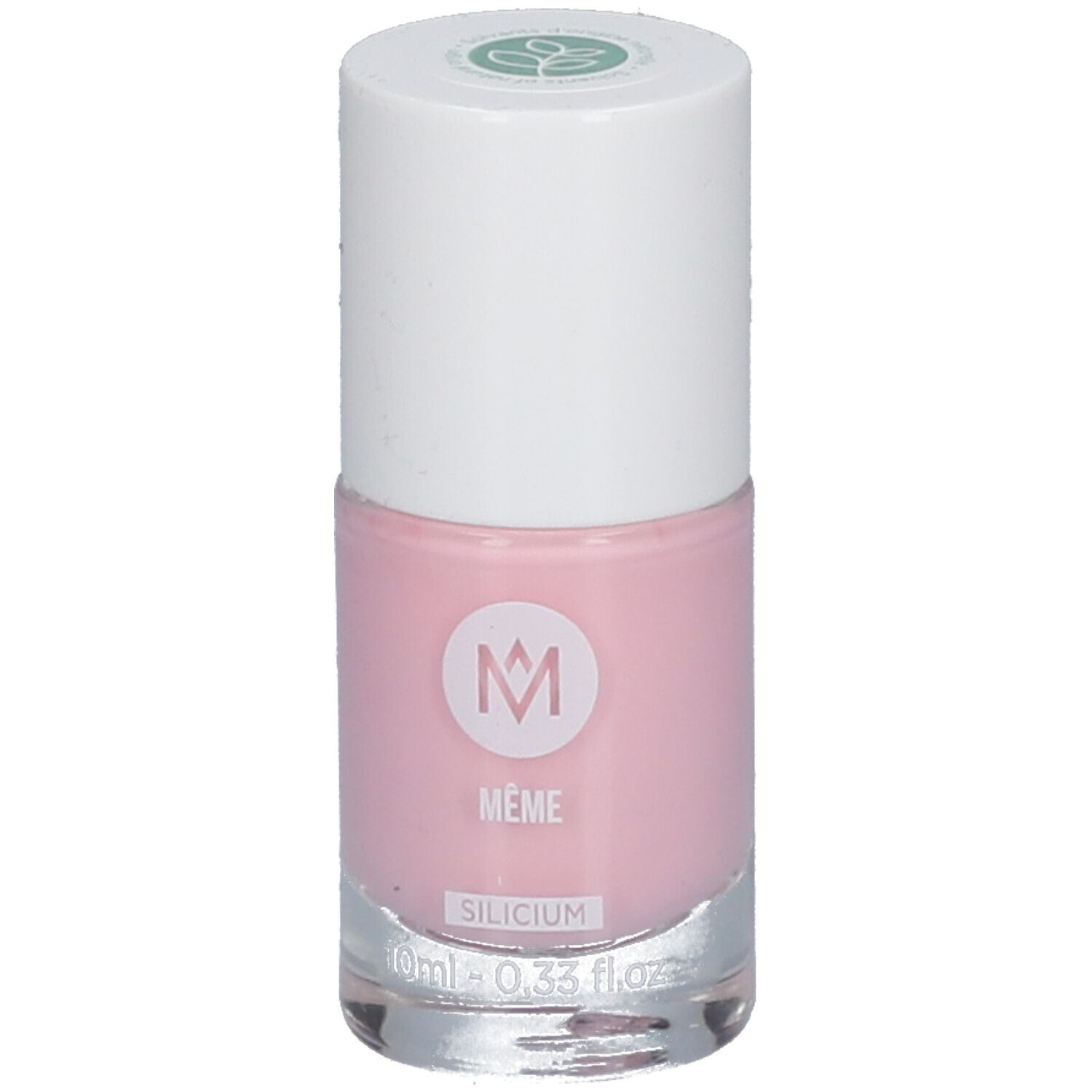 Flacon de vernis à ongles rose. Bouchon blanc avec logo vert. Inscription : MEME, Silicium.