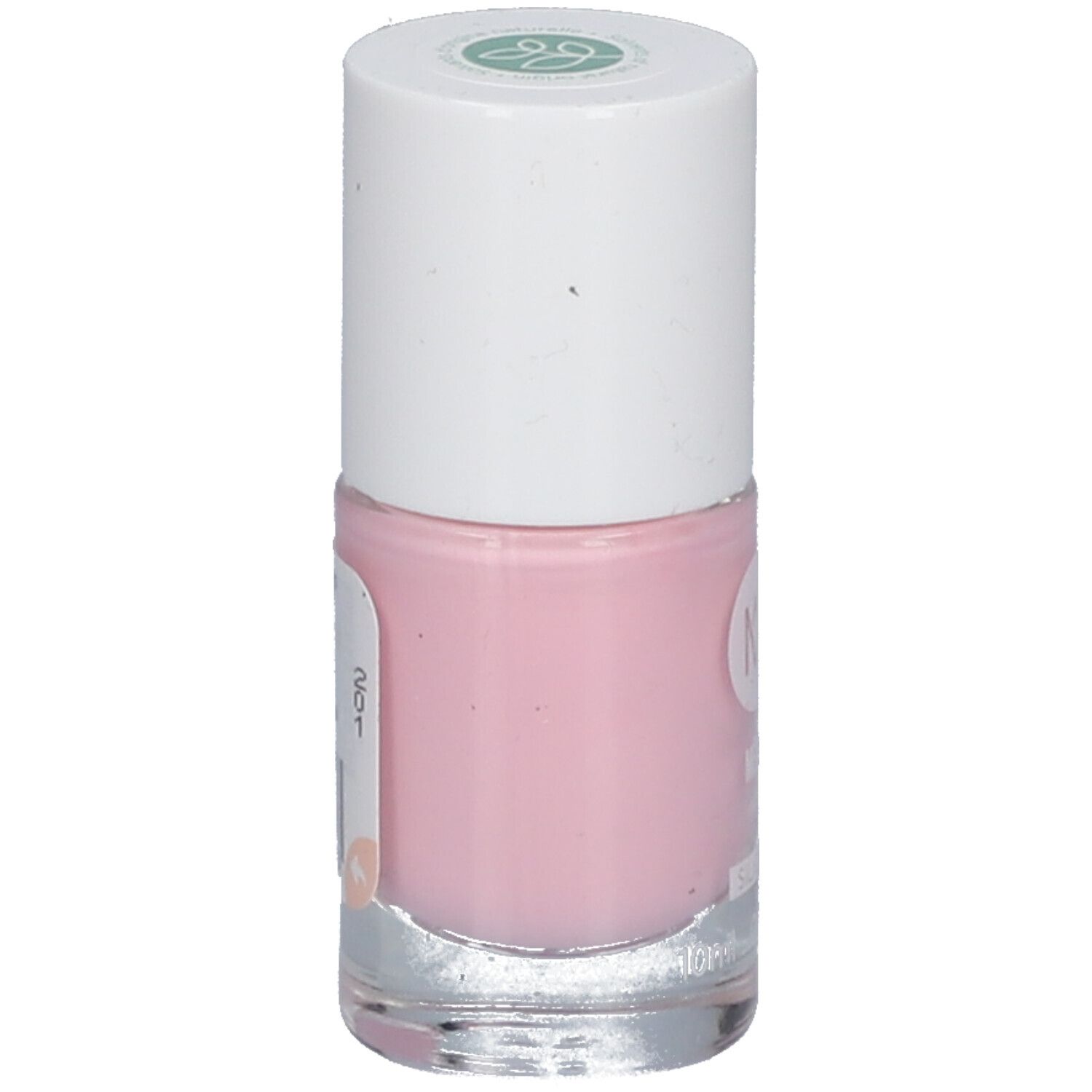 Flacon de vernis à ongles rose. Bouchon blanc avec logo vert. Autocollant avec texte.