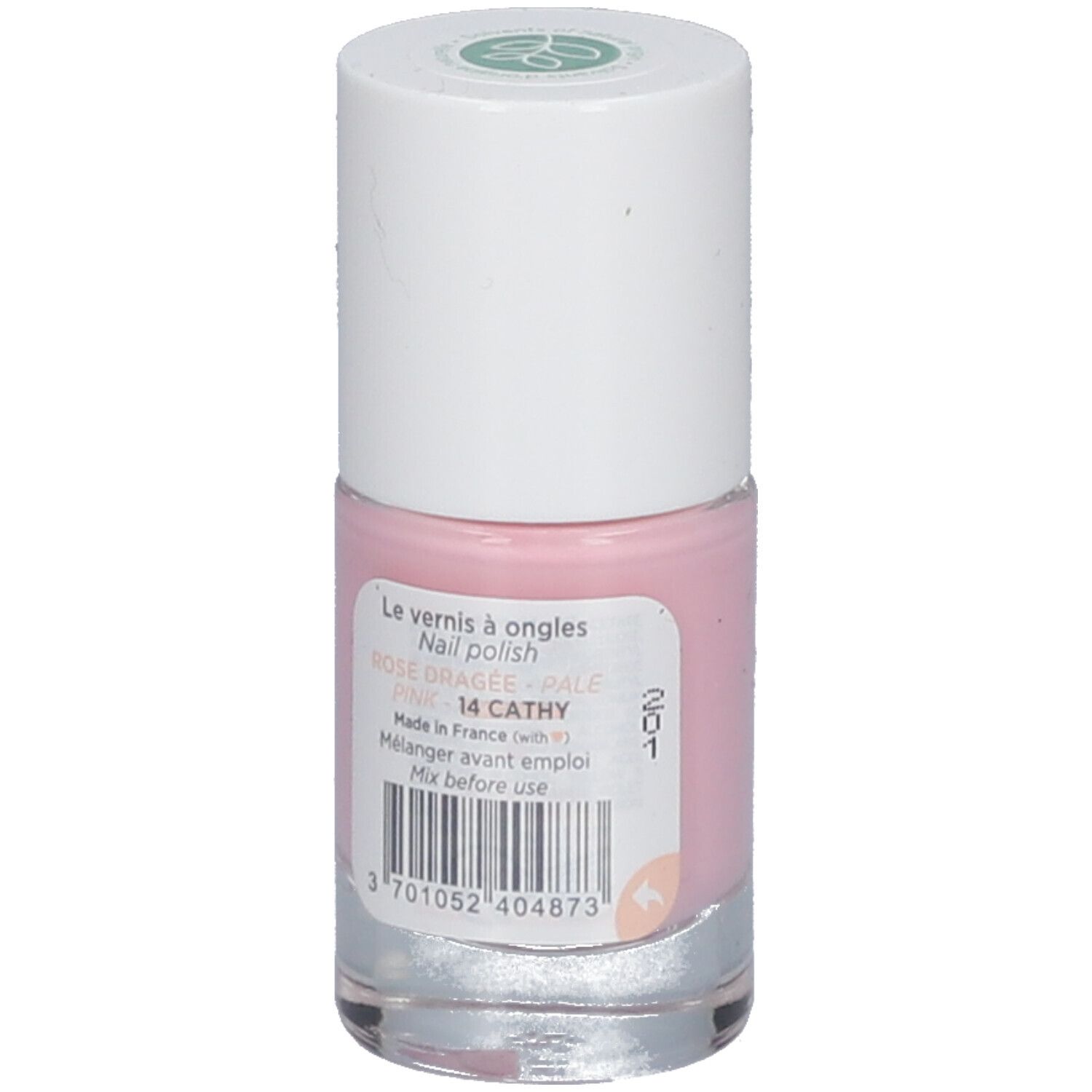 Flacon de vernis à ongles rose. Bouchon blanc avec logo vert. Autocollant avec informations produit.