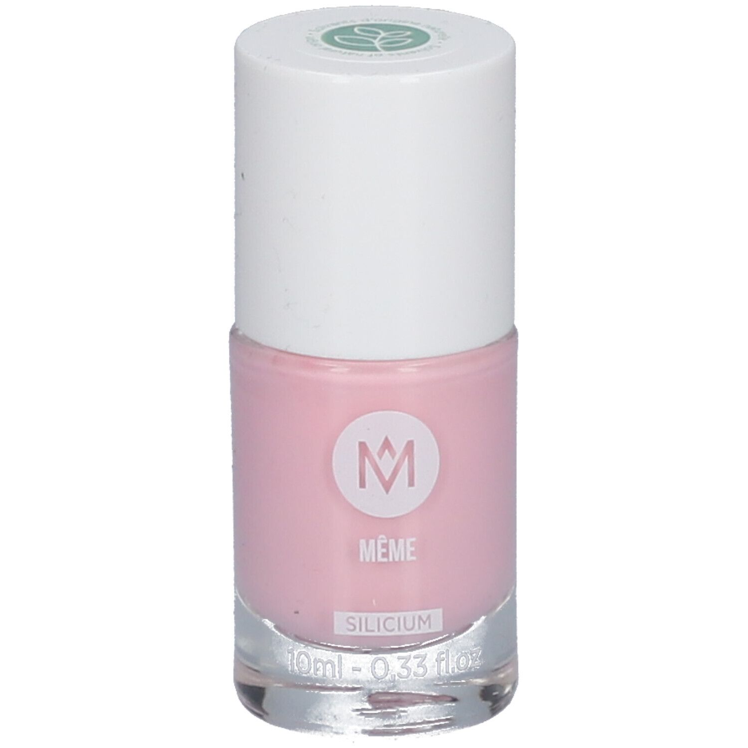 Flacon de vernis à ongles rose. Bouchon blanc avec logo vert. Inscription : MEME, Silicium.