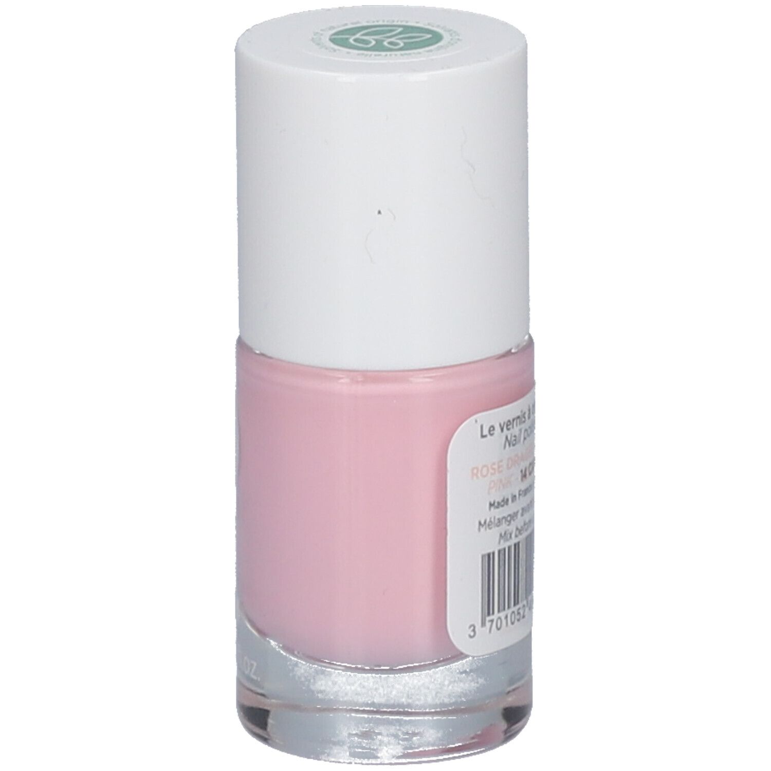 Flacon de vernis à ongles rose. Bouchon blanc avec logo vert. Autocollant avec informations produit.