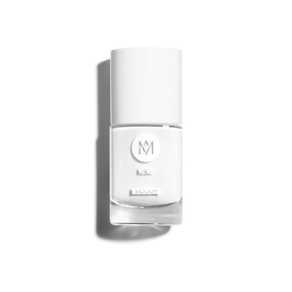 Witte nagellakfles met witte dop. Opschrift: MEME, SILICIUM. Schaduw.