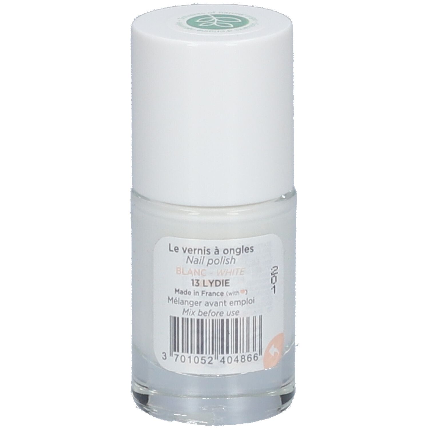 Achterkant van de witte nagellakfles. Opschrift: Le vernis à ongles, BLANC WHITE, 13 LYDIE. Barcode en andere informatie.