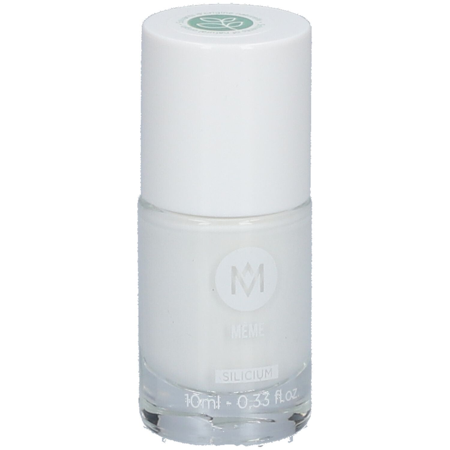 Witte nagellakfles met witte dop. Opschrift: MEME, SILICIUM. Groene versiering op de dop.