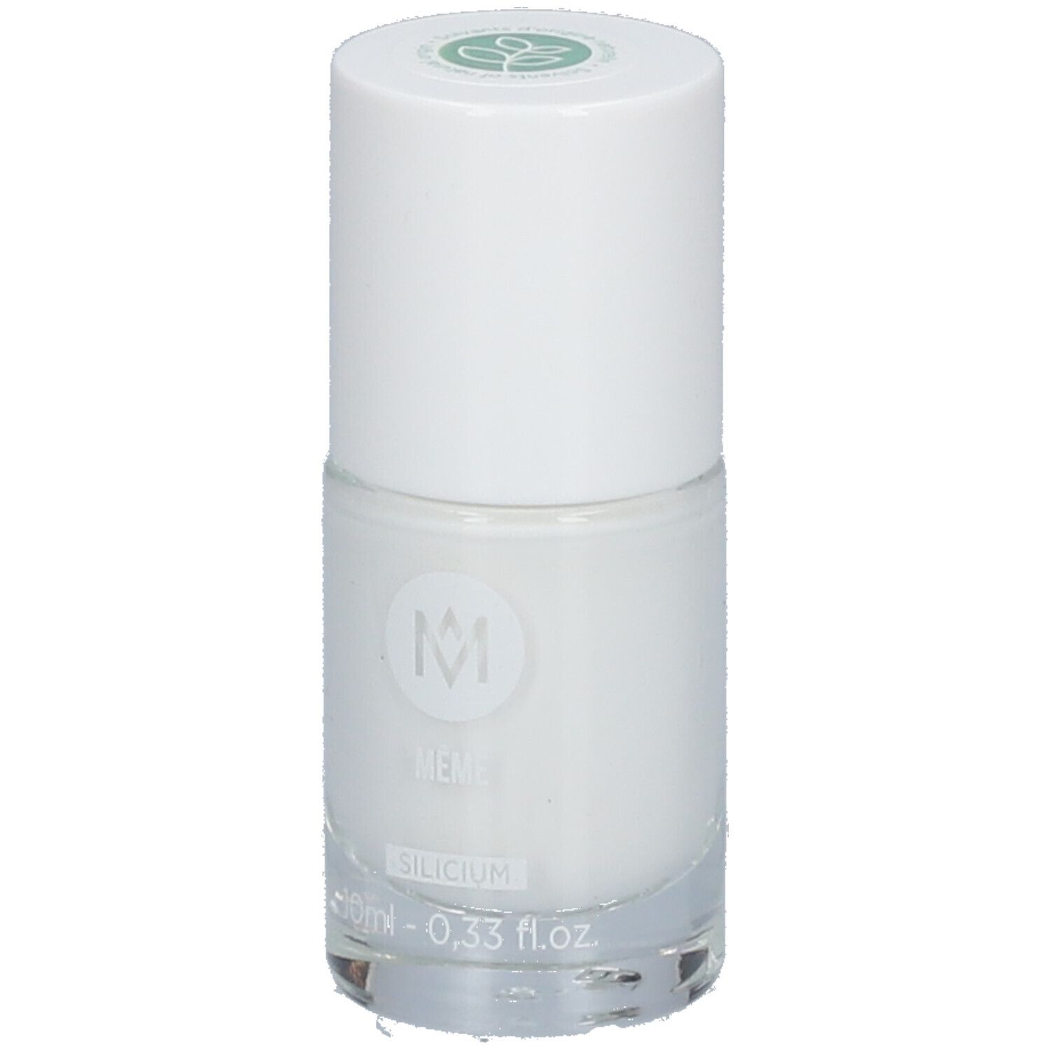 Witte nagellakfles met witte dop. Opschrift: MEME, SILICIUM. Groene versiering op de dop.