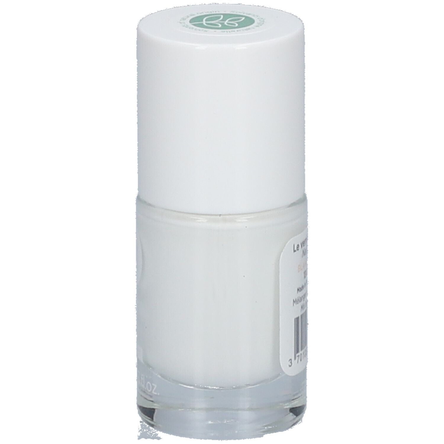 Achterkant van de witte nagellakfles. Opschrift: Le vernis à ongles, BLANC WHITE. Barcode en andere informatie.