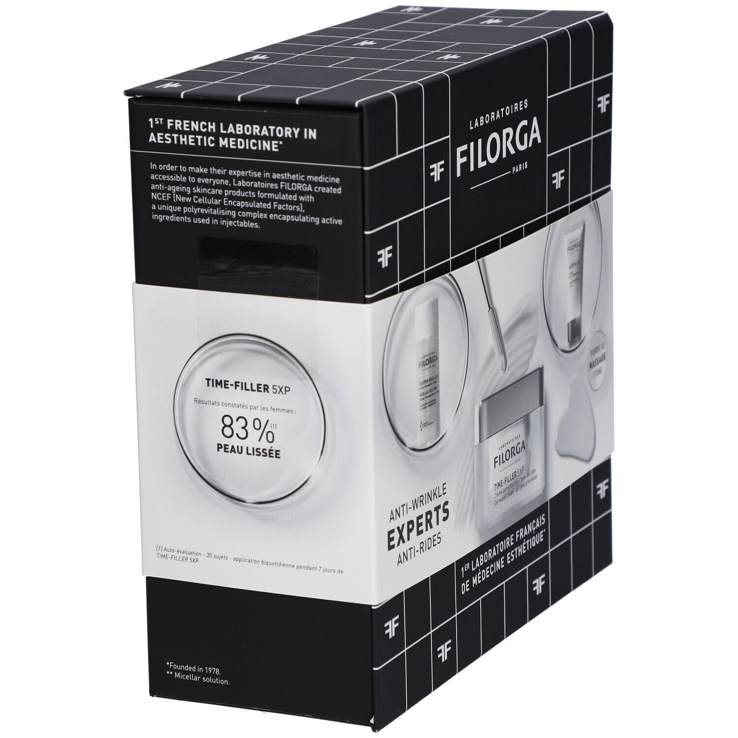 Emballage noir avec logo Filorga et visuels produits. Texte : Time-Filler SXP, 83% peau lissée. Laboratoire français.