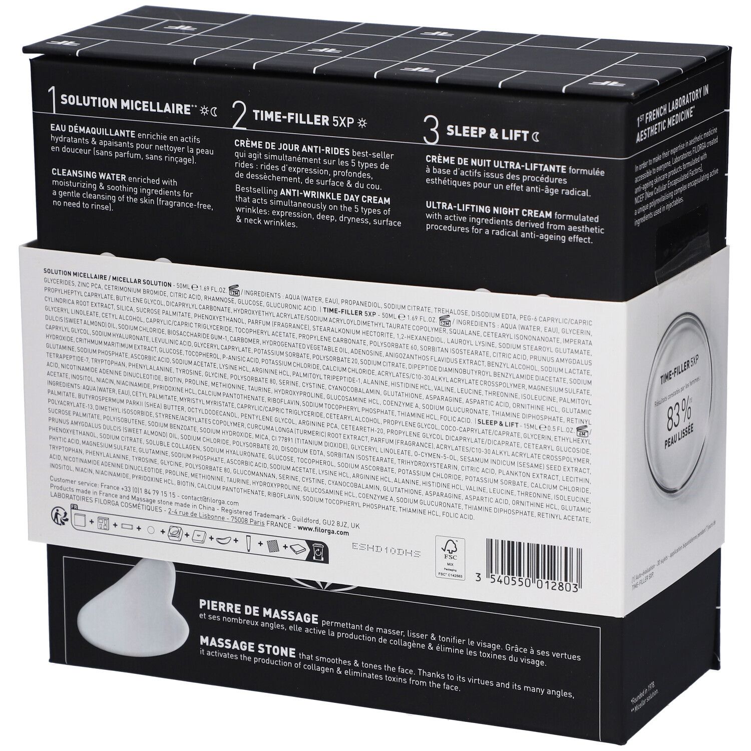 Dos de l'emballage Filorga. Contient descriptions des produits et ingrédients. Fond blanc, texte noir.