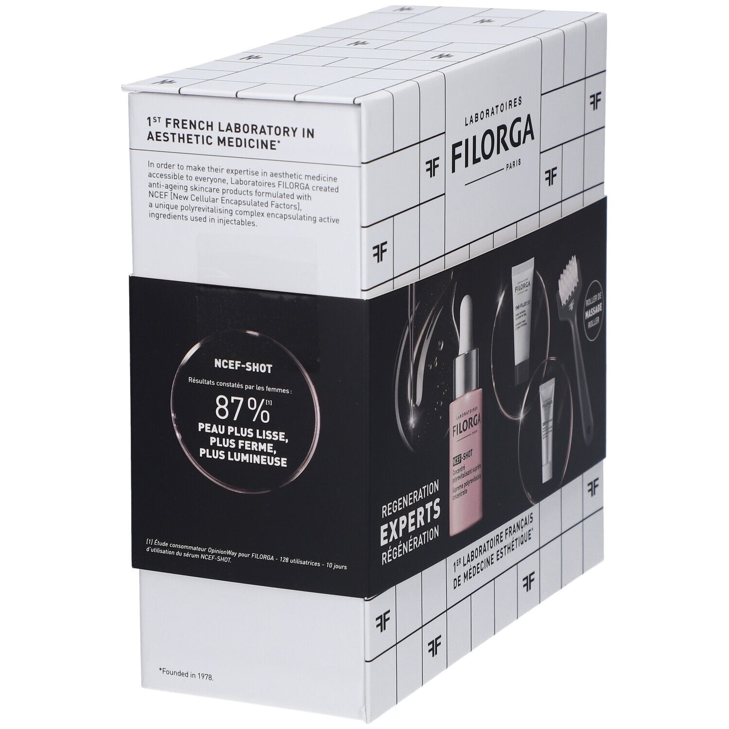 Boîte Filorga en biais. Contient sérum, crèmes et rouleau. Texte: 1st French Laboratory in Aesthetic Medicine, NCEF-SHOT.