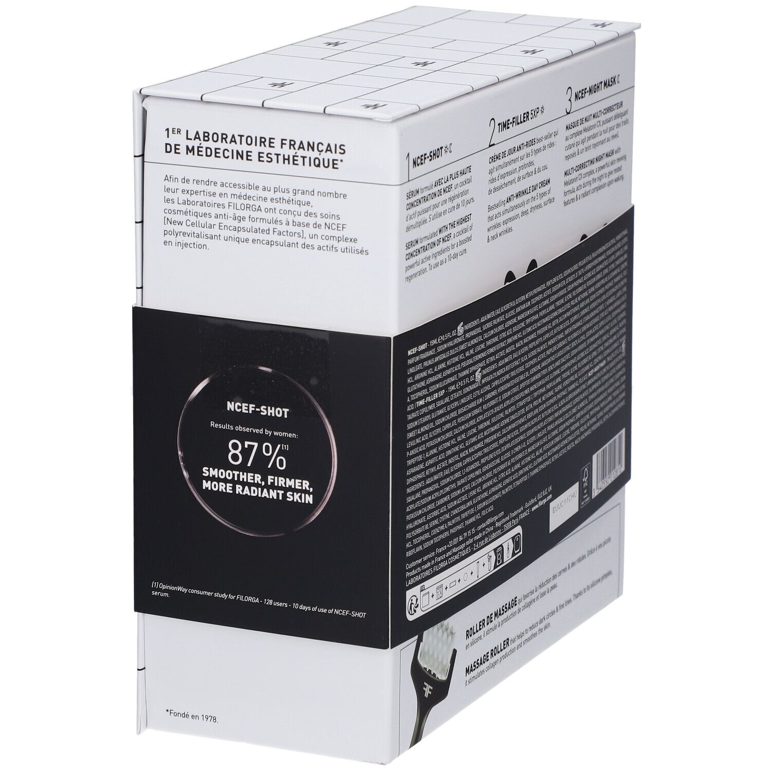 Boîte Filorga en biais. Texte: 1er Laboratoire Français de Médecine Esthétique, NCEF-SHOT, 87% peau plus lisse, plus ferme, plus lumineuse.