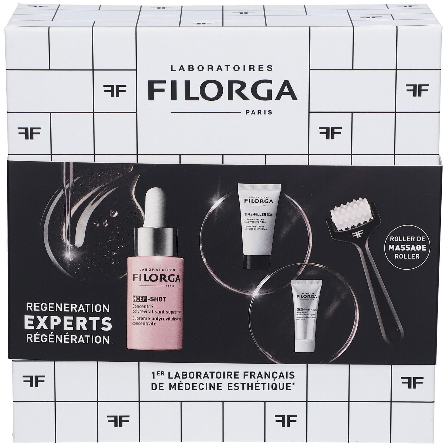 Coffret Filorga. Contient sérum, crèmes et rouleau de massage. Texte: Experts Régénération, 1er Laboratoire Français de Médecine Esthétique.