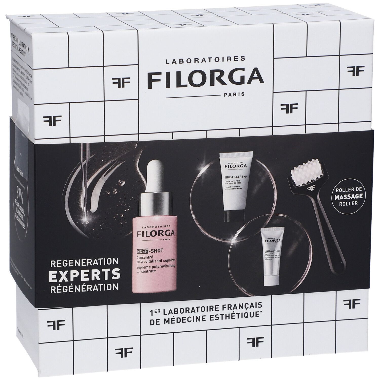Coffret Filorga. Contient sérum, crèmes et rouleau de massage. Texte: Experts Régénération, 1er Laboratoire Français de Médecine Esthétique.