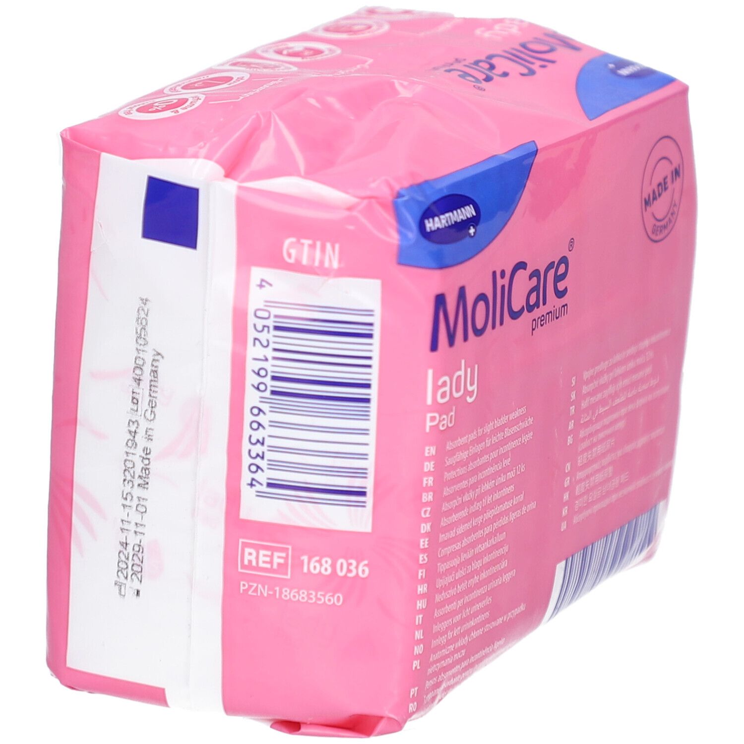 Rosa Verpackung MoliCare lady Pad. Rückseite mit Text und Barcode. Made in Germany. Hartmann Logo. Einzeln verpackt. 12 Stück.