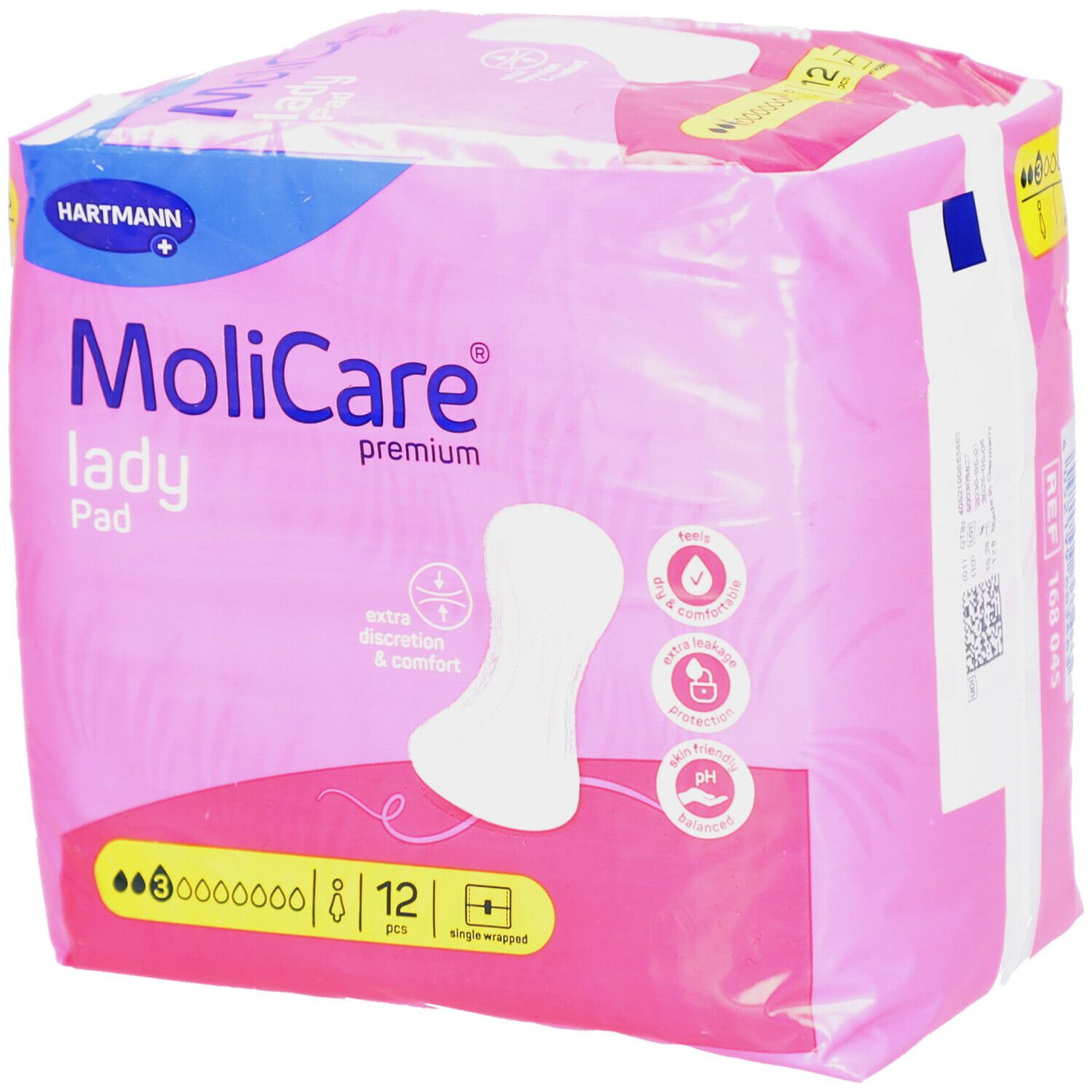 MoliCare Lady Pad 3 Tropfen, 12 Stück. Rosa Verpackung mit Produktabbildung und Logo. Wasser- und Geruchsschutz.
