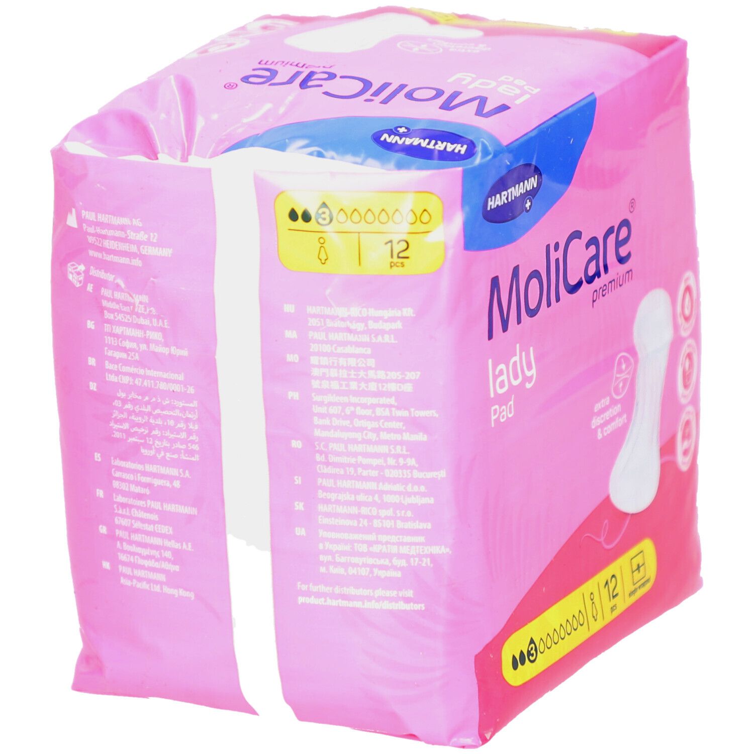 MoliCare Lady Pad 3 Tropfen, 12 Stück. Rosa Verpackung mit Produktinformationen und Logo. Rückseite mit Text.