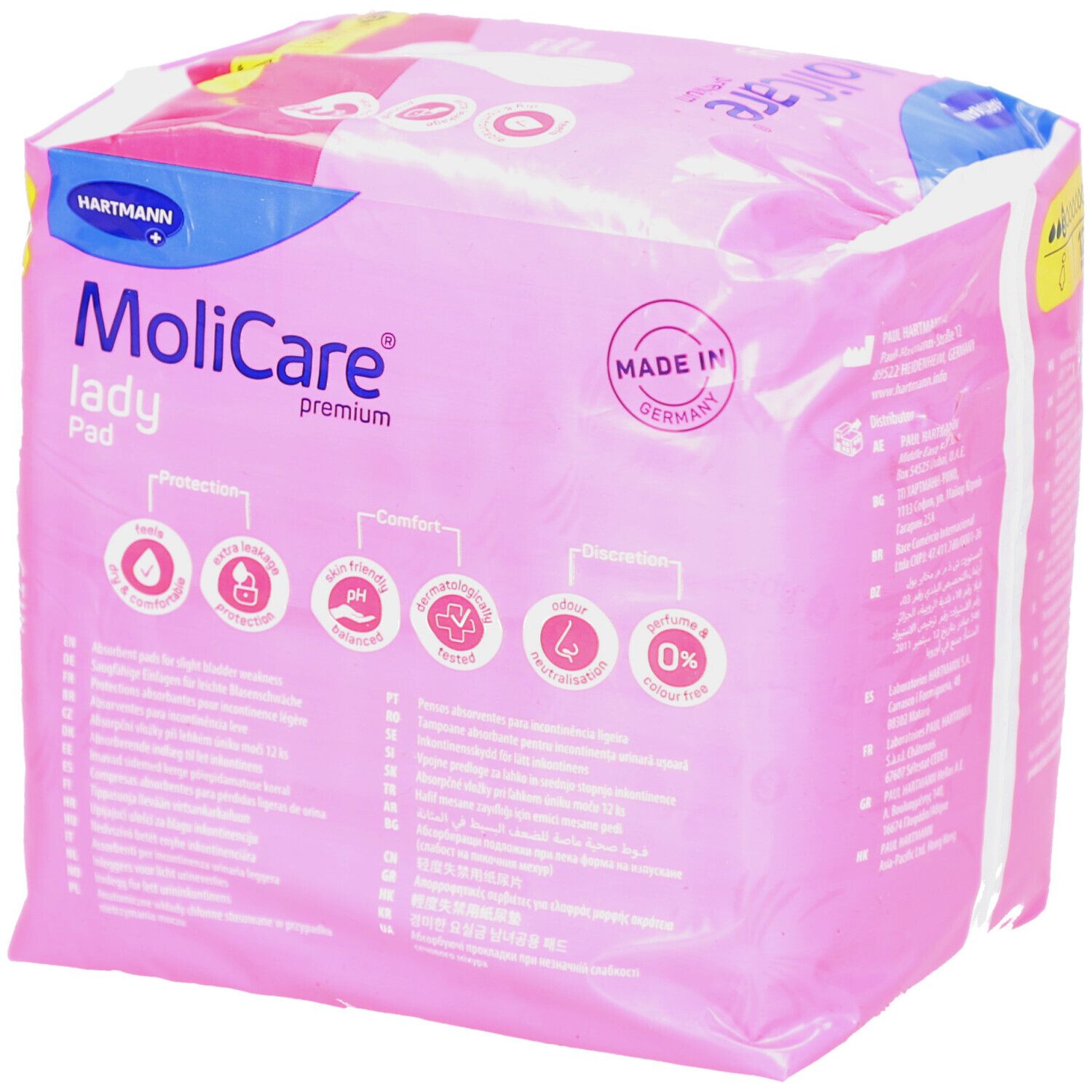 MoliCare Lady Pad 3 Tropfen, 12 Stück. Rosa Verpackung mit Produktmerkmalen und Logo. Hergestellt in Deutschland.