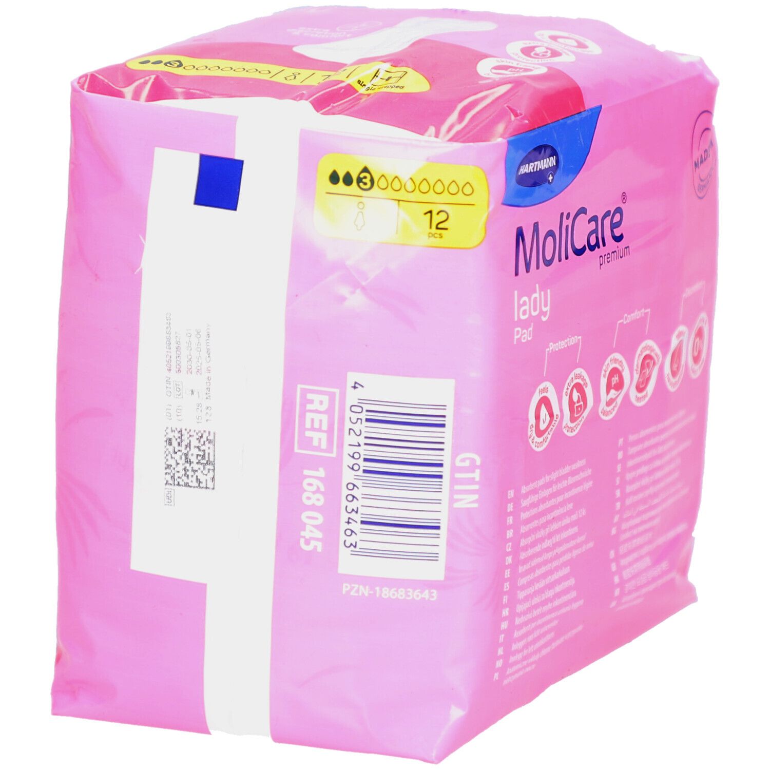 MoliCare Lady Pad 3 Tropfen, 12 Stück. Rosa Verpackung mit Produktinformationen und Logo. Rückseite mit Barcode.