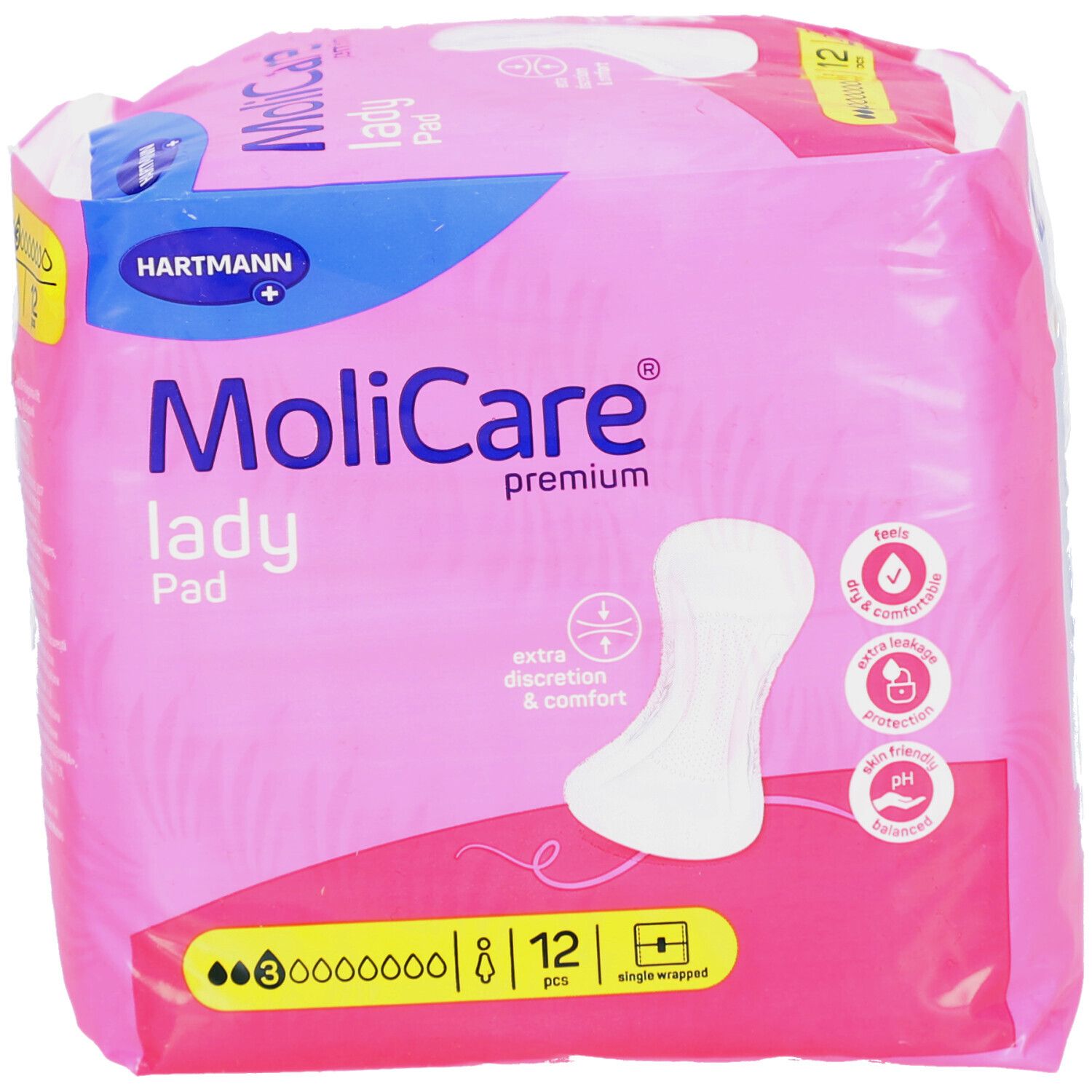 MoliCare Lady Pad 3 Tropfen, 12 Stück. Rosa Verpackung mit Produktabbildung und Logo. Extra Diskretion & Komfort.