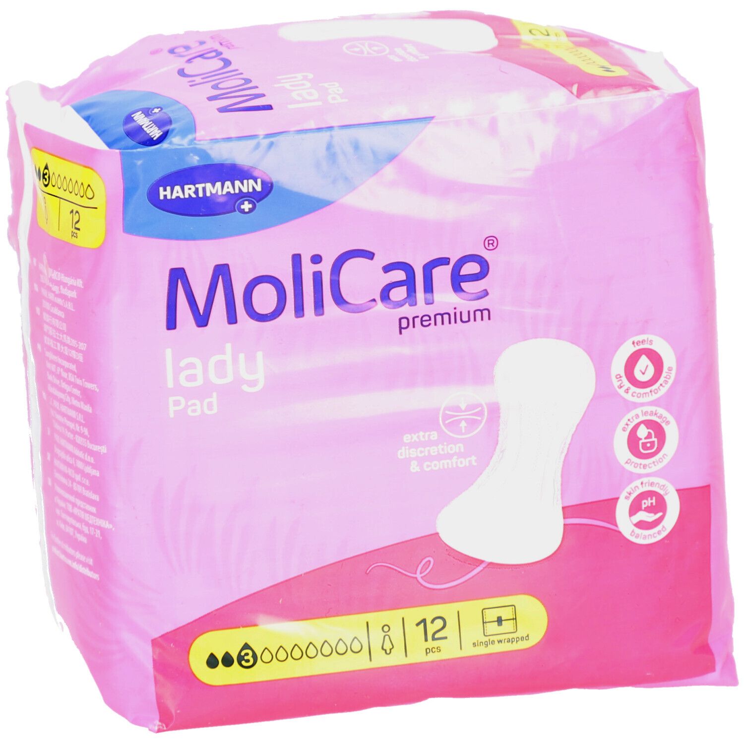 MoliCare Lady Pad 3 Tropfen, 12 Stück. Rosa Verpackung mit Produktabbildung und Logo. Extra Diskretion & Komfort.
