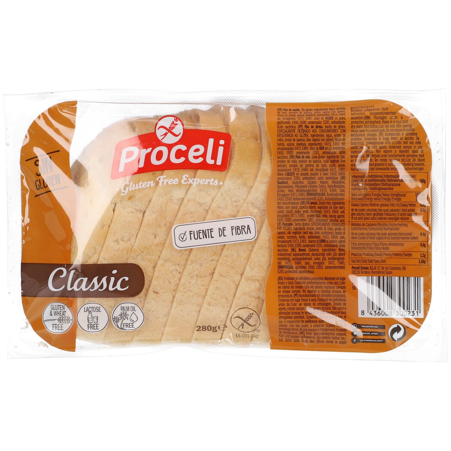 Proceli Classic Glutenfreies Brot, 280g, in Plastik verpackt.