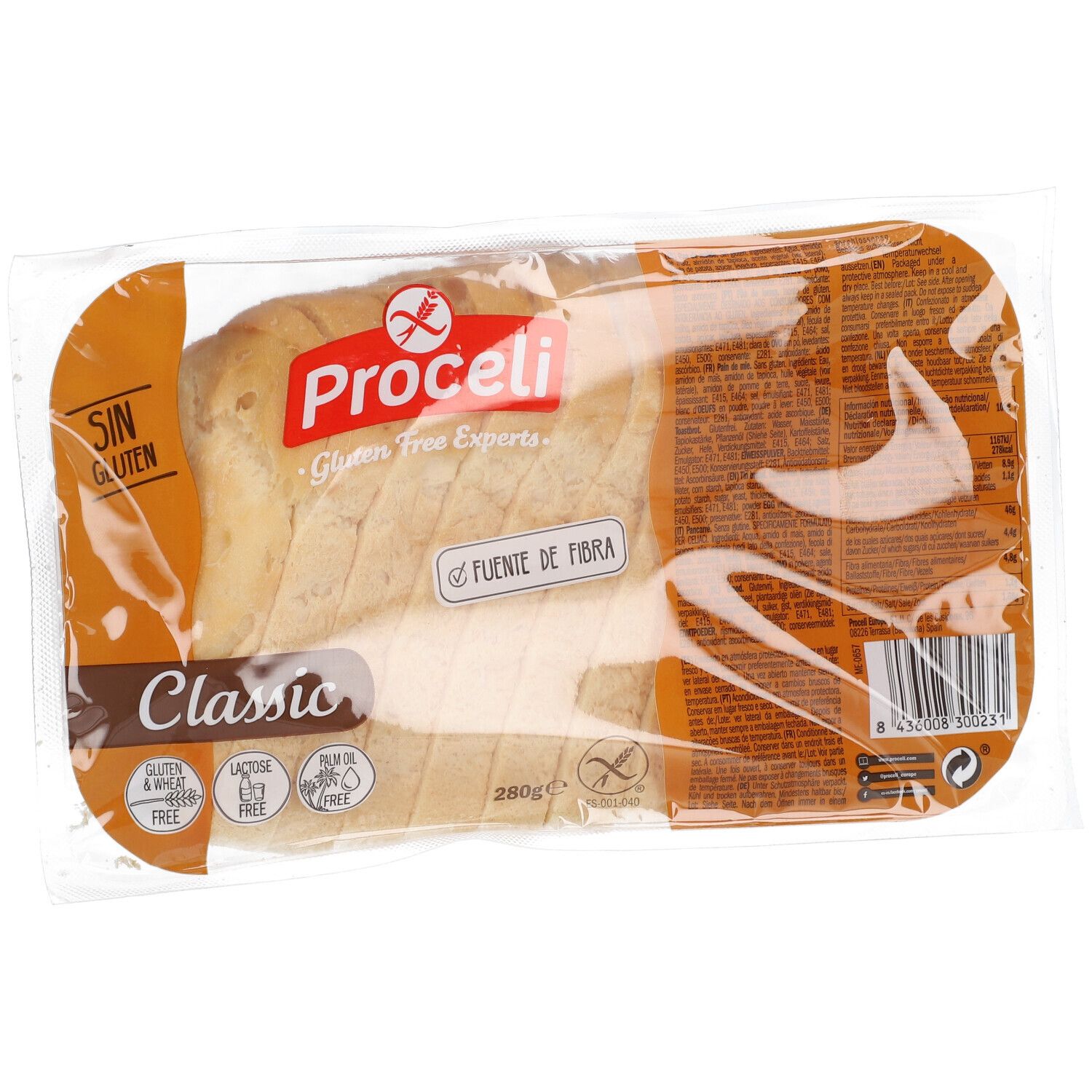 Proceli Classic Glutenfreies Brot, 280g, in Plastik verpackt.