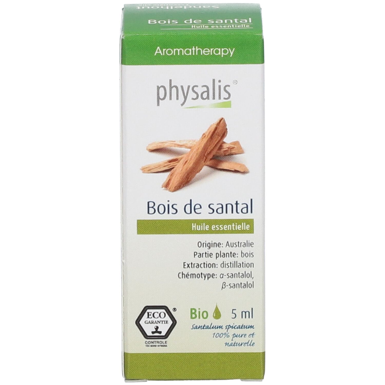Boîte verte avec nom du produit, illustration de bois et texte. Certification bio.