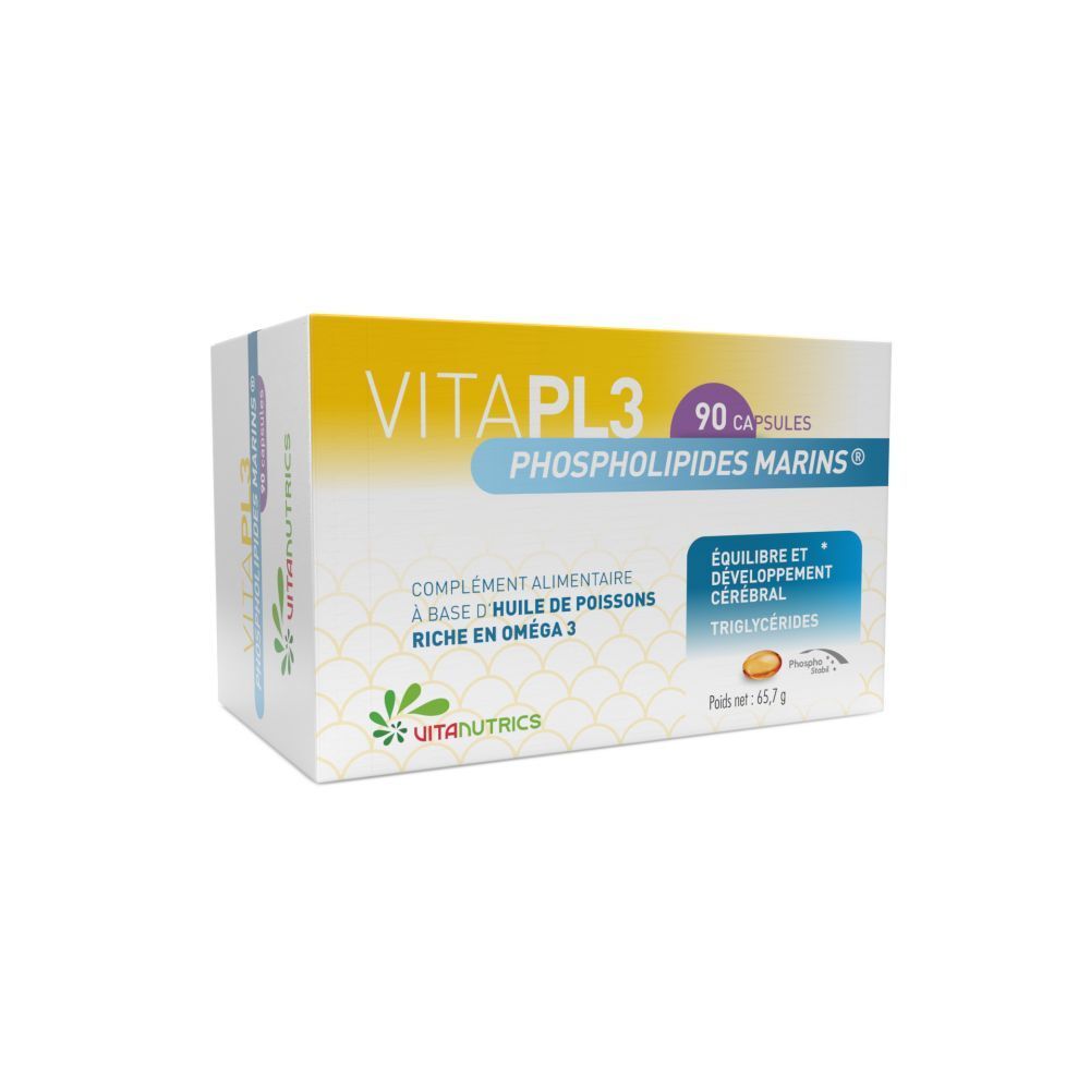 Boîte de gélules VITAPL3, Phospholipides Marins, 90 capsules. Complément alimentaire. Marque Vitanutrics. Contenu net 65,7g.