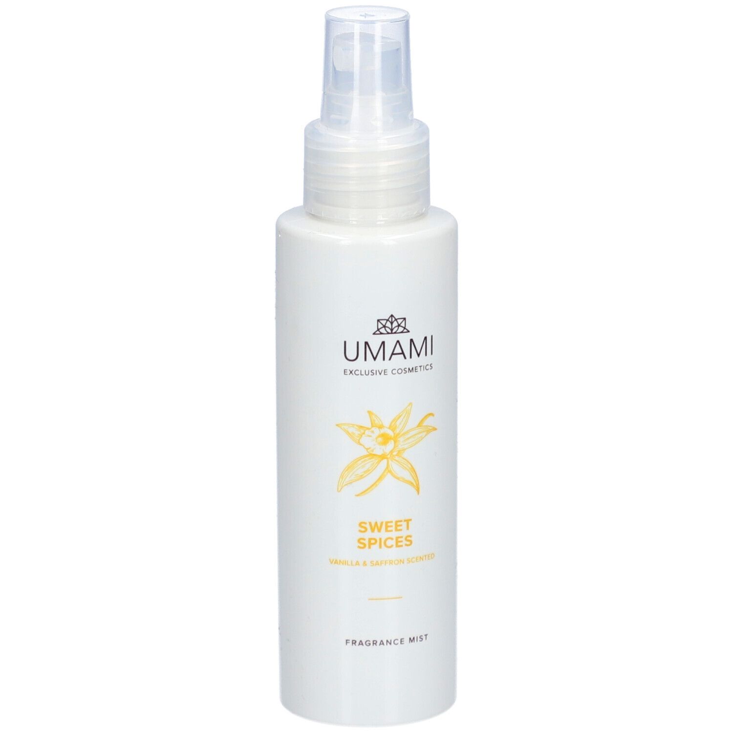Weiße Flasche mit Zerstäuber. Aufschrift: UMAMI, Sweet Spices, Vanille & Safran. Abbildung einer Vanilleblüte.