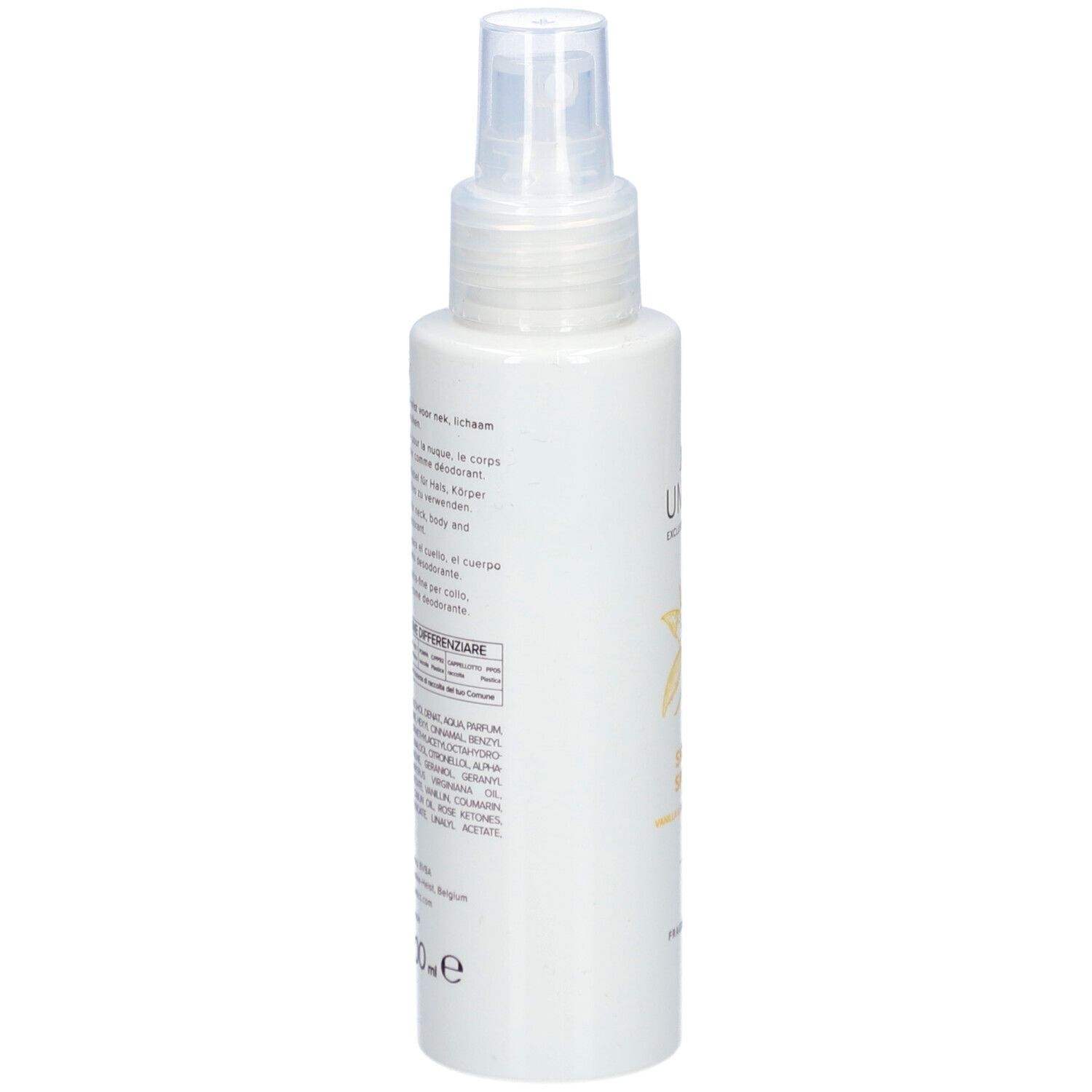 Weiße Flasche mit Zerstäuber. Text in mehreren Sprachen. Aufschrift: UMAMI. Produktinformationen und Inhaltsstoffe.