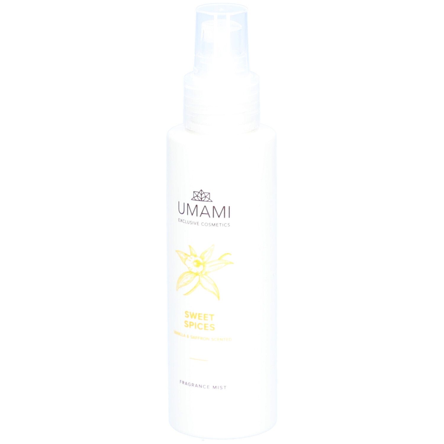 Weiße Flasche mit Zerstäuber. Aufschrift: UMAMI, Sweet Spices, Vanille & Safran. Abbildung einer Vanilleblüte.