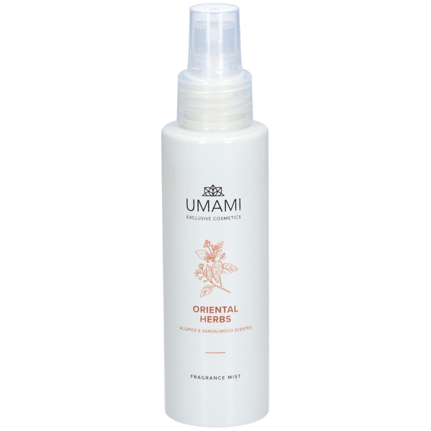 Flacon blanc avec vaporisateur. Inscription: UMAMI, ORIENTAL HERBS, FRAGRANCE MIST. Illustration d'une plante.