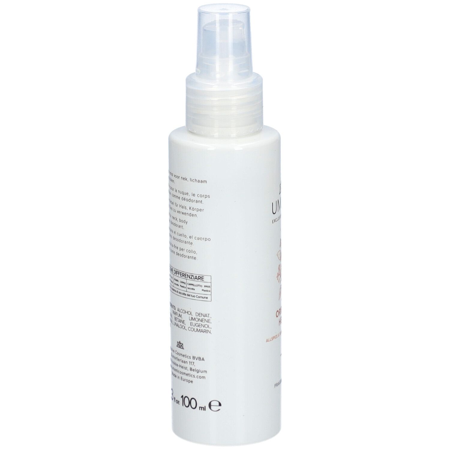 Flacon blanc avec vaporisateur. Dos avec texte multilingue. Inscription: 100 ml.