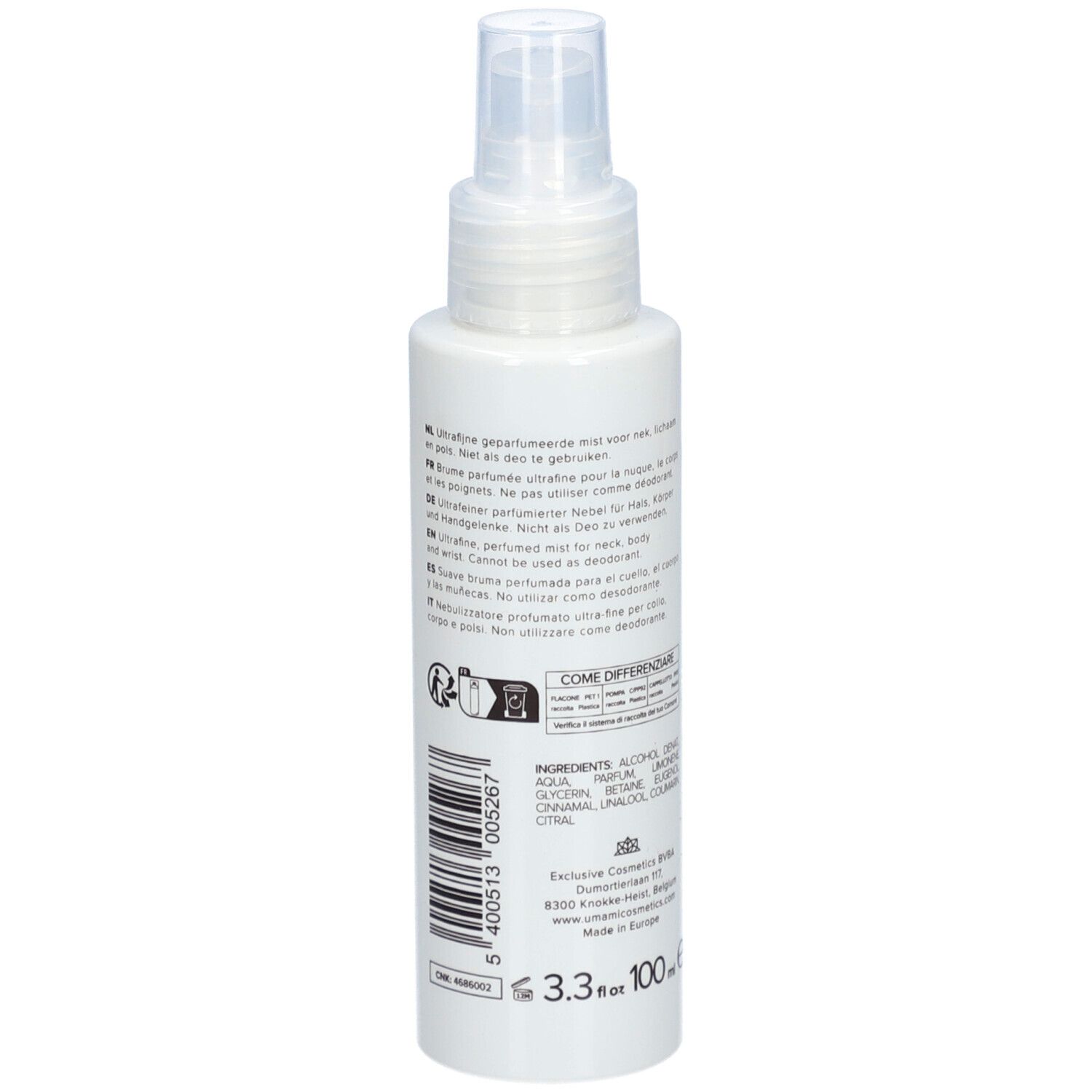Flacon blanc avec vaporisateur. Dos avec texte et code-barres. Inscription: 3.3 fl.oz. 100 ml.