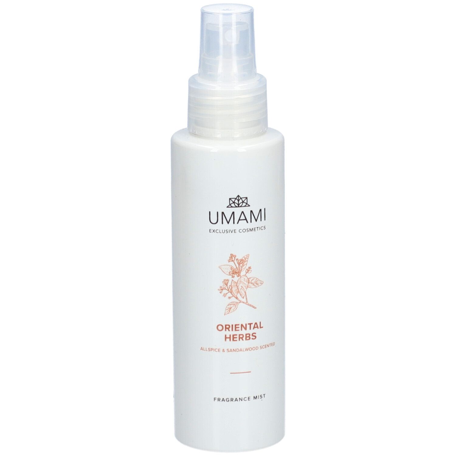Flacon blanc avec vaporisateur. Inscription: UMAMI, ORIENTAL HERBS, FRAGRANCE MIST. Illustration d'une plante.