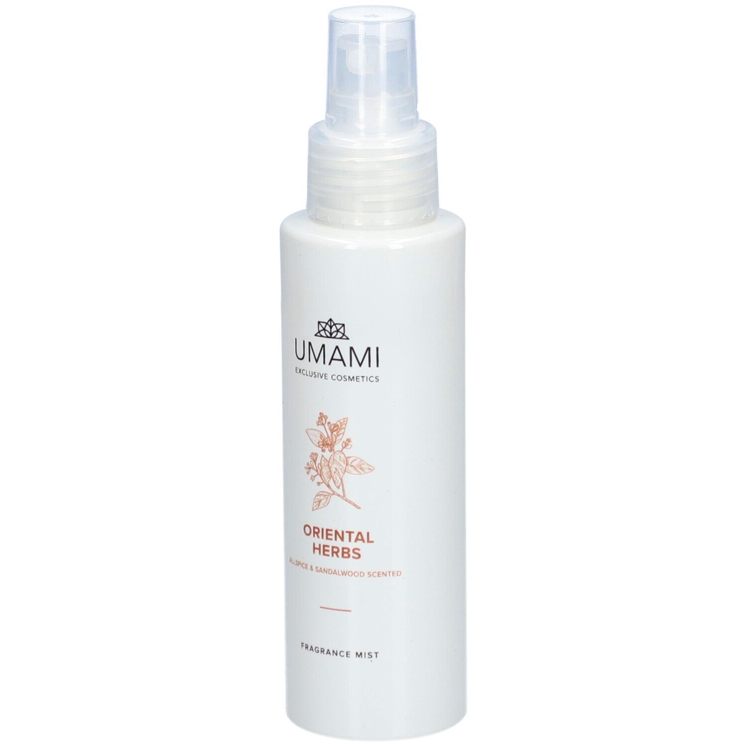 Flacon blanc avec vaporisateur. Inscription: UMAMI, ORIENTAL HERBS, FRAGRANCE MIST. Illustration d'une plante.