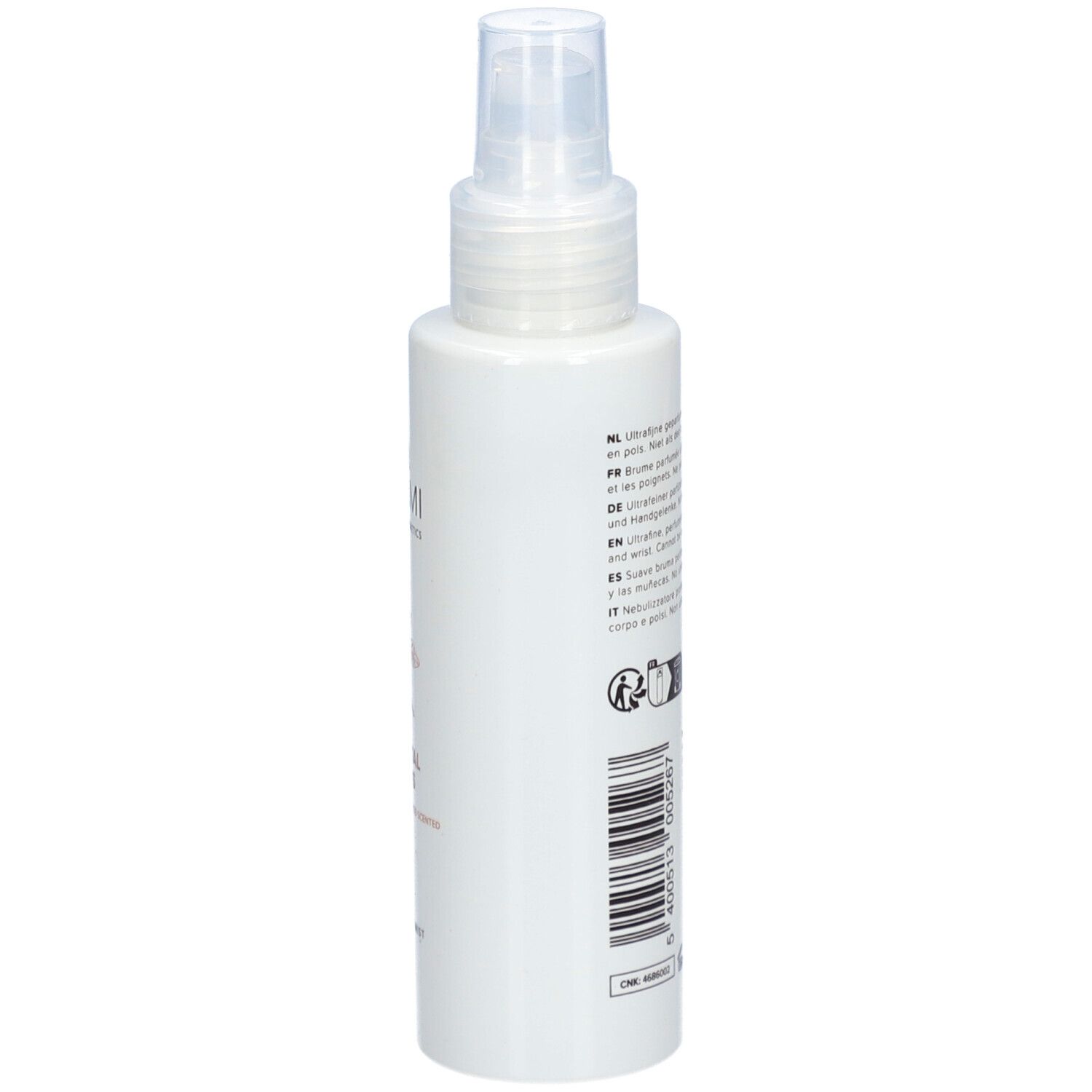 Flacon blanc avec vaporisateur. Dos avec texte et code-barres. Inscription: 3.3 fl.oz. 100 ml.