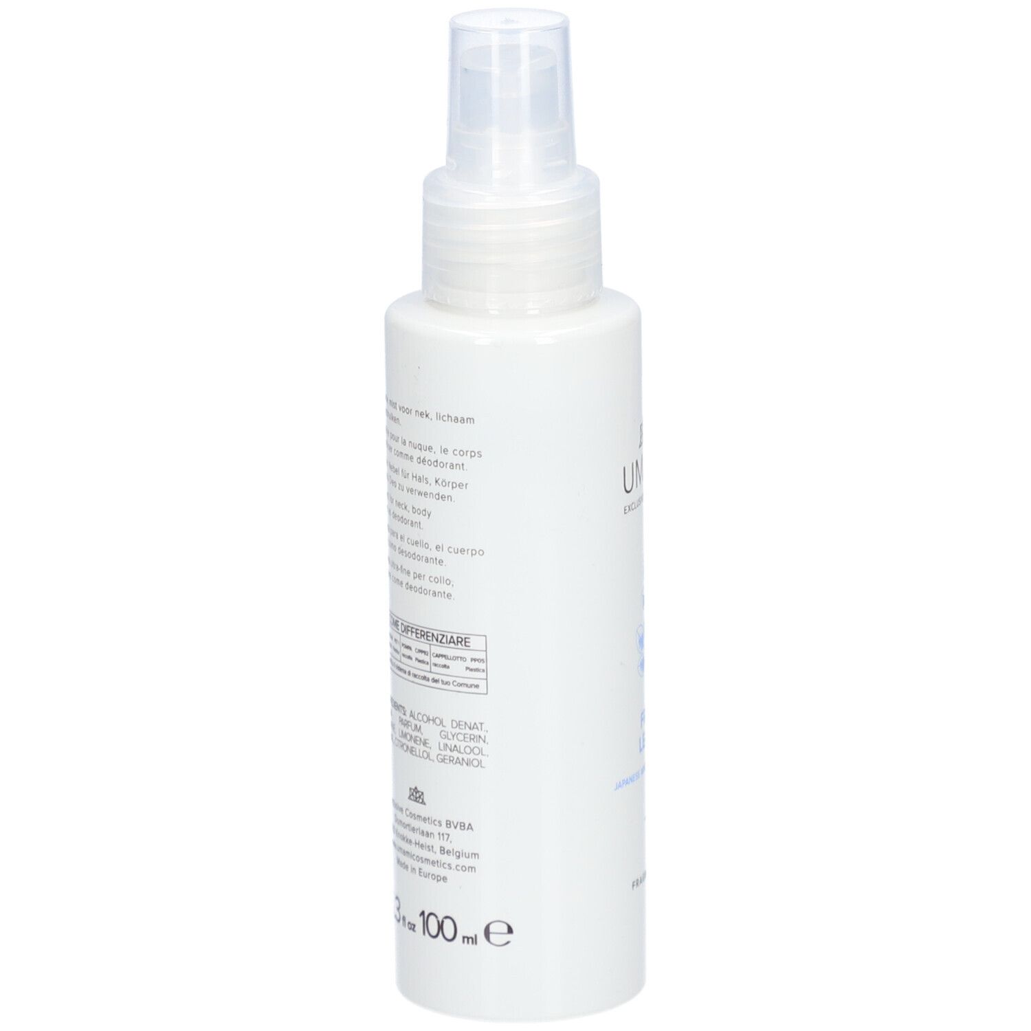 Weiße Flasche mit Sprühkopf. Text in mehreren Sprachen. Aufschrift: 100 ml.