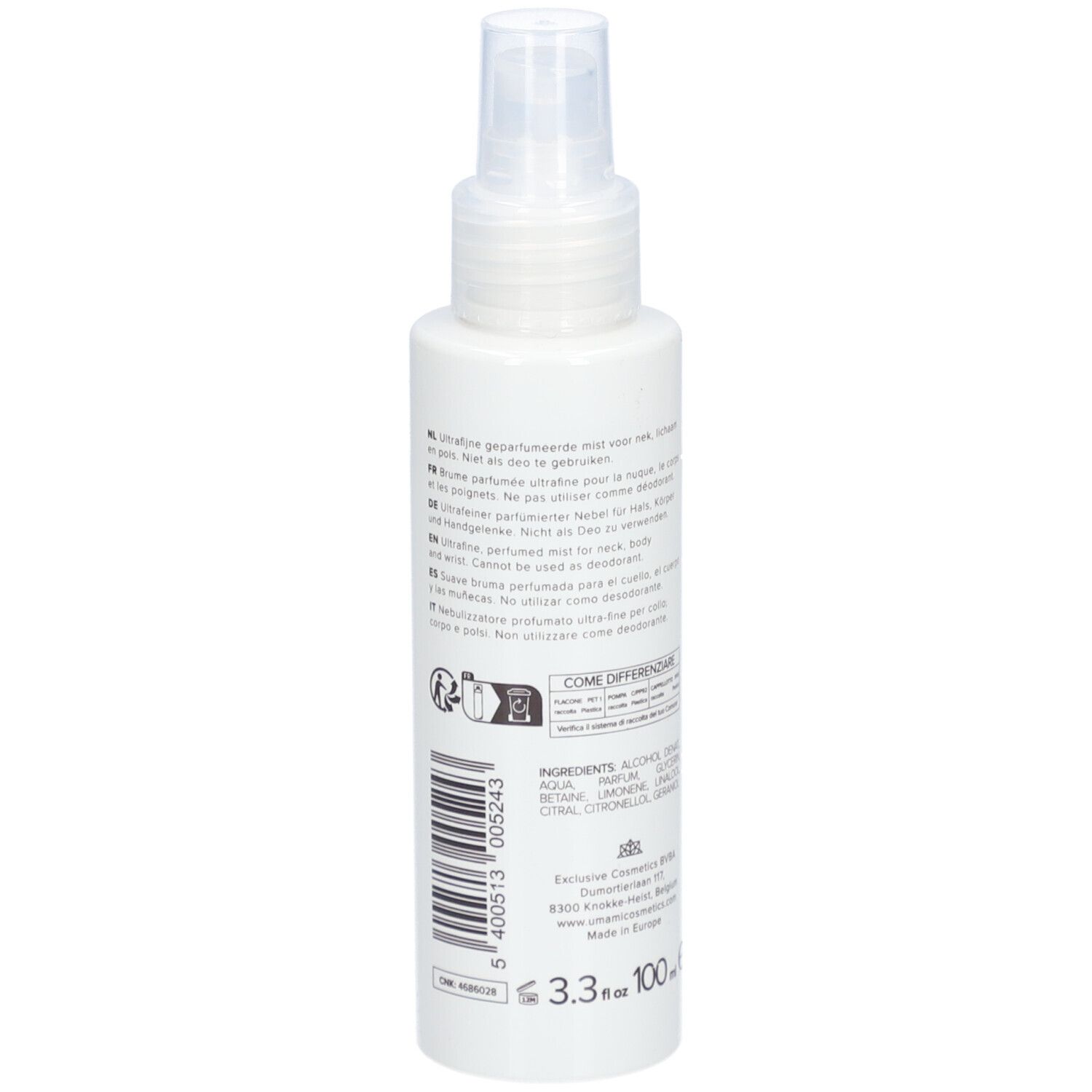 Weiße Flasche mit Sprühkopf. Text in mehreren Sprachen. Barcode und Inhaltsstoffe.