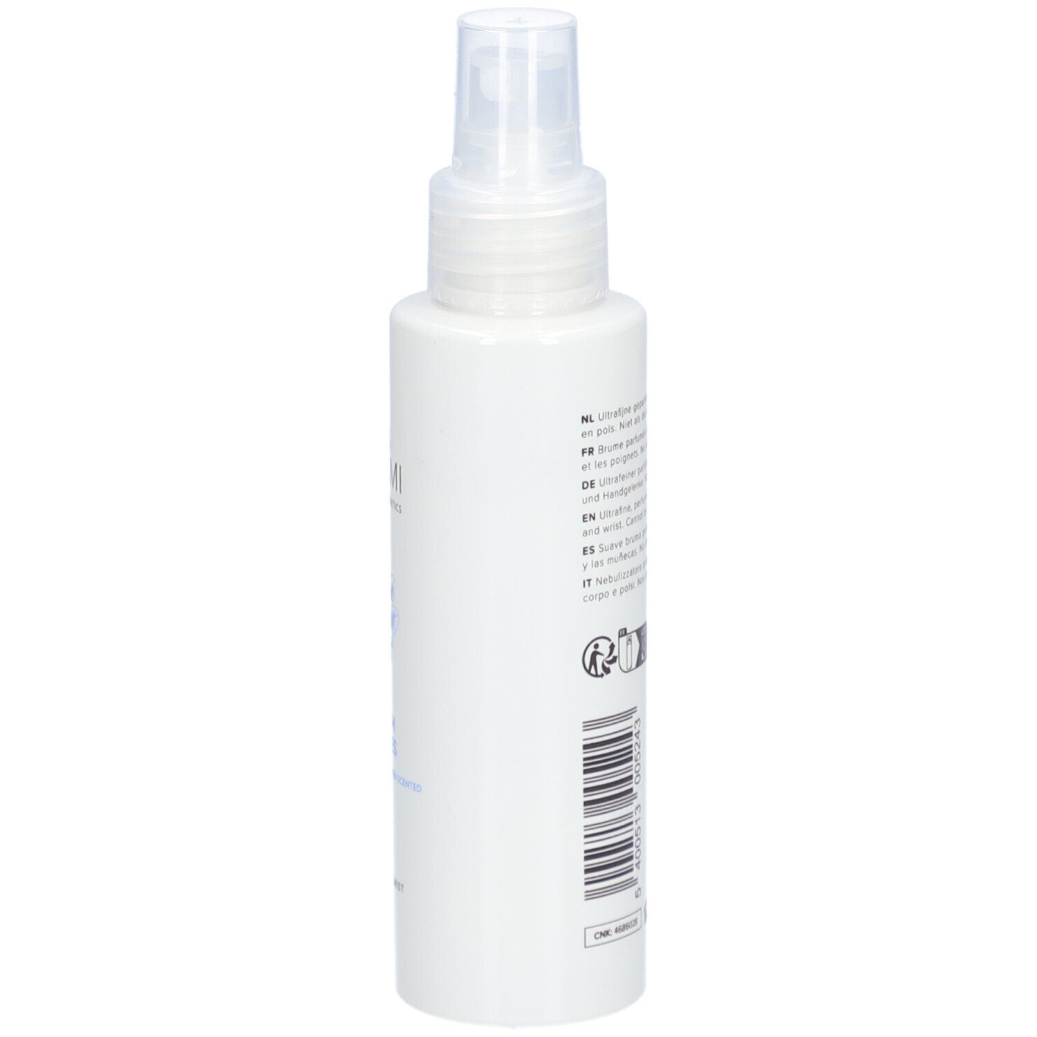 Weiße Flasche mit Sprühkopf. Text in mehreren Sprachen. Barcode.