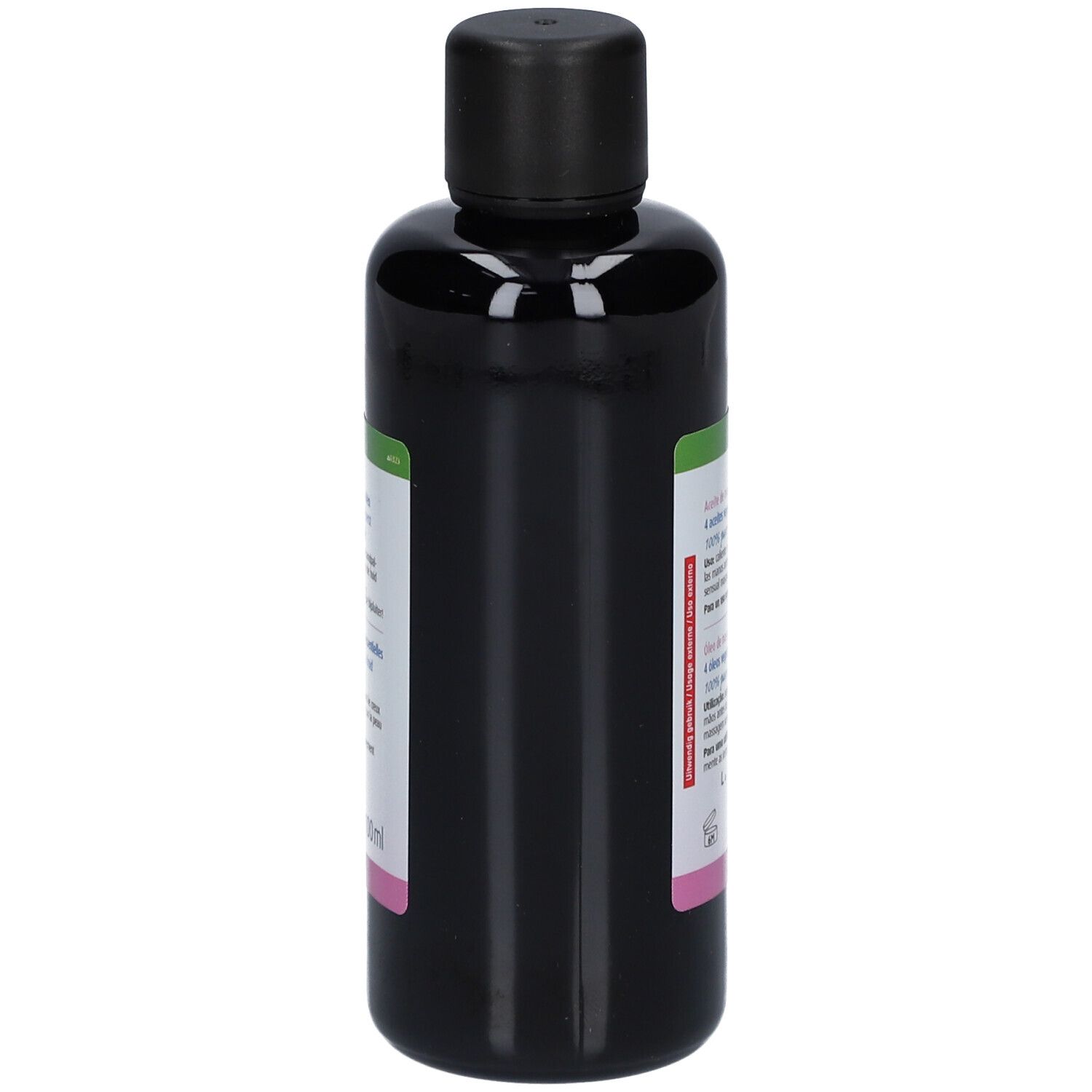Rückseite einer schwarzen Flasche. Etiketten mit Text. Grünes und rosa Etikett. Schwarzer Deckel.