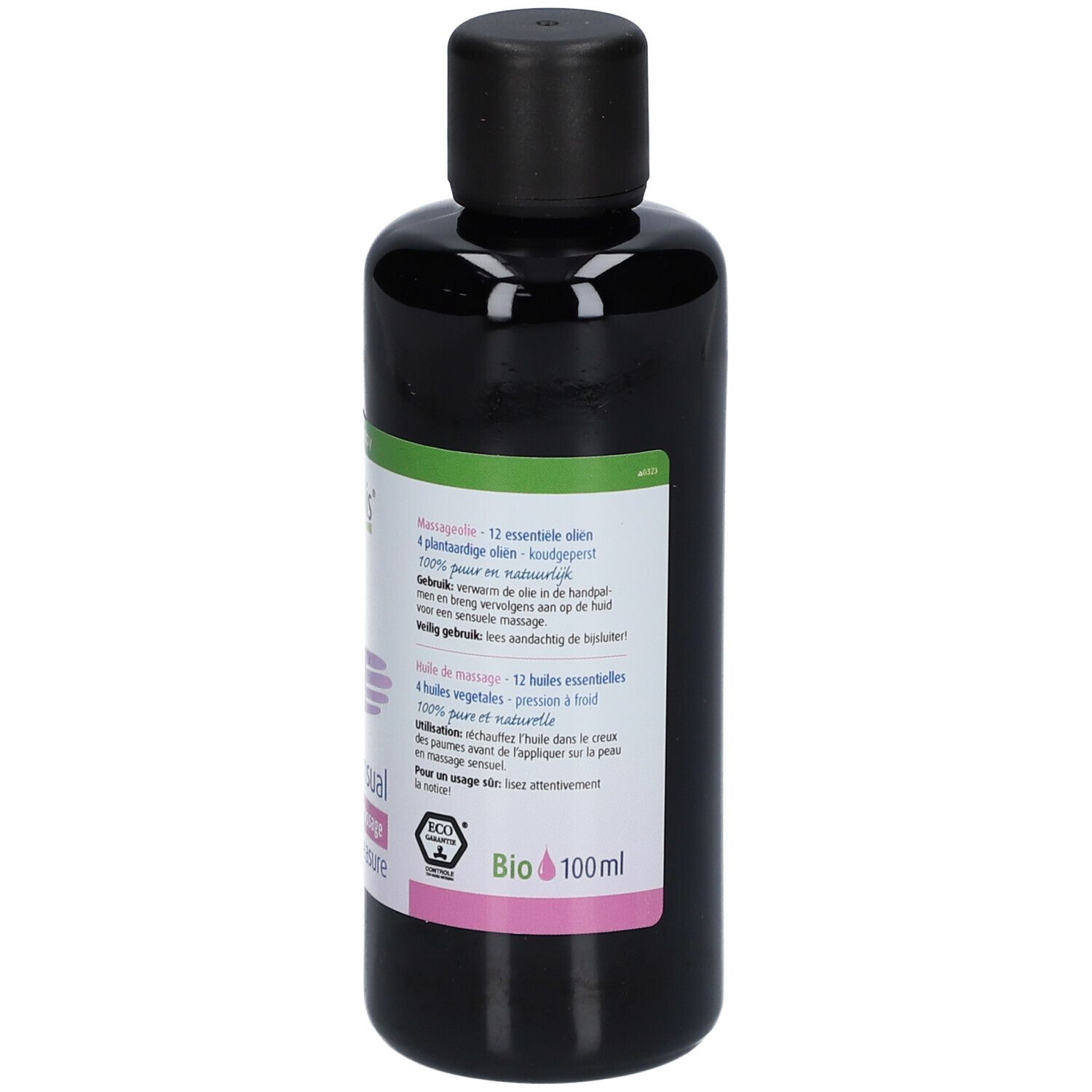 Schwarze Flasche mit Text. Etikett mit Produktinformationen. Schwarzer Deckel. Bio-Zertifizierung.