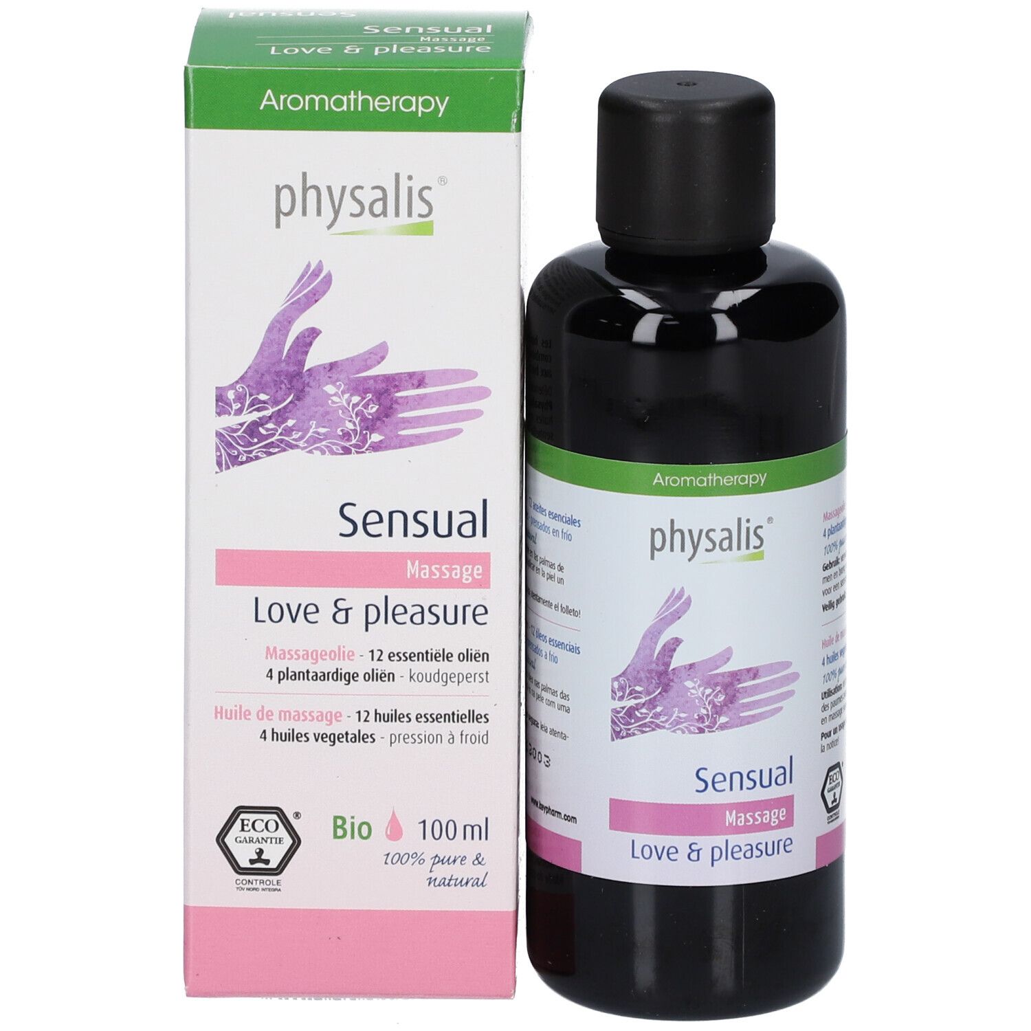 Produktflasche und Verpackung. Schwarze Flasche mit Etikett. Grüne und rosa Verpackung mit Text und Logo.