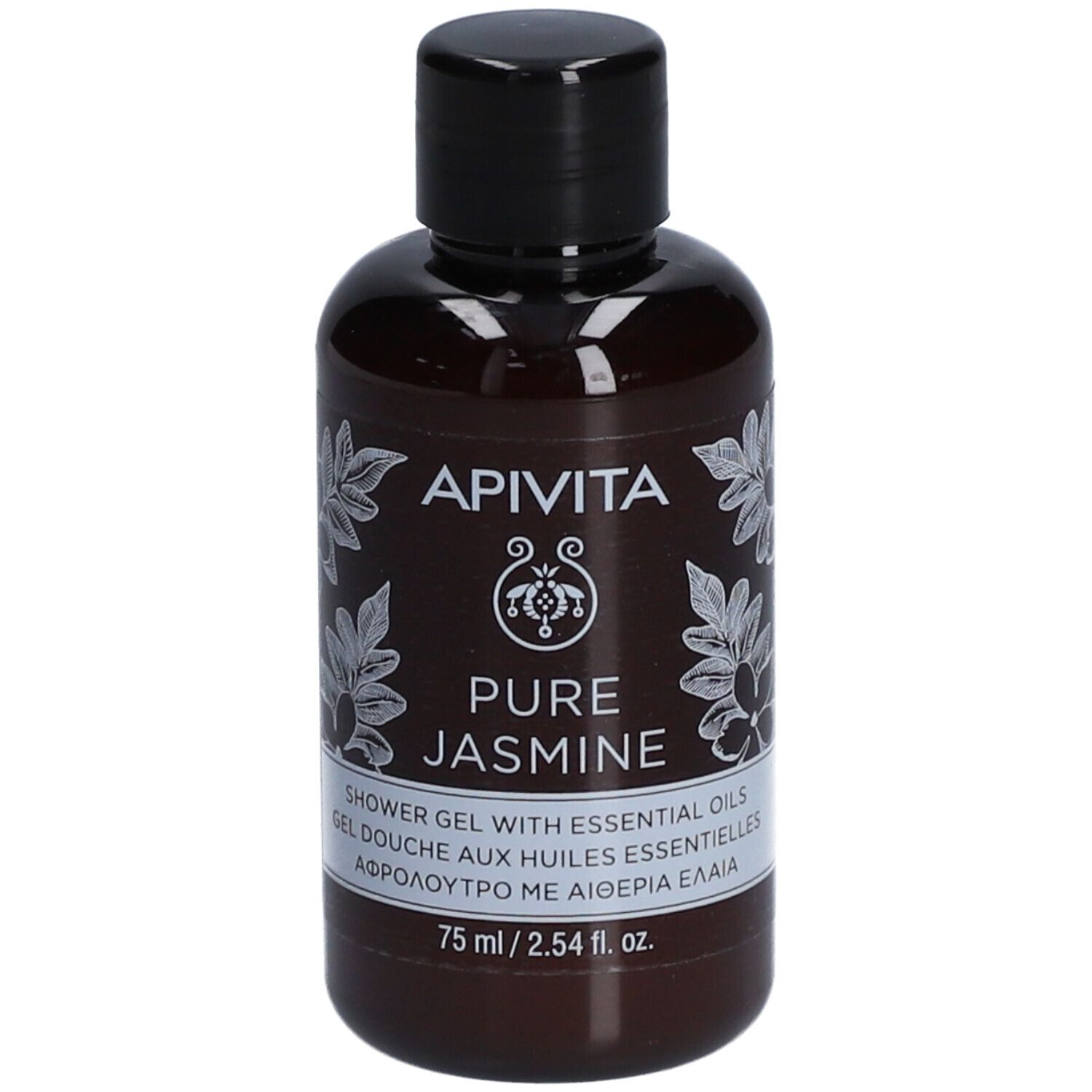 Flacon marron avec bouchon noir. Inscription: Apivita Pure Jasmine. Texte multilingue. 75 ml.