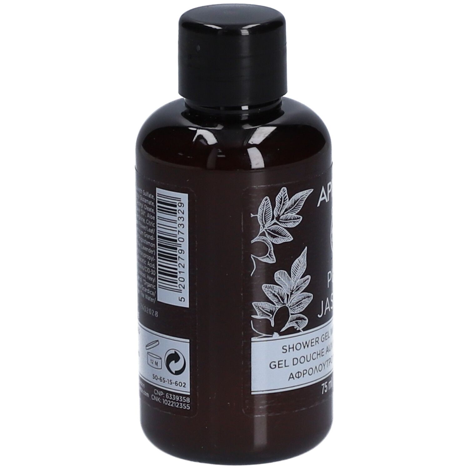 Dos d'un flacon marron avec bouchon noir. Code-barres et texte. Informations sur le produit.