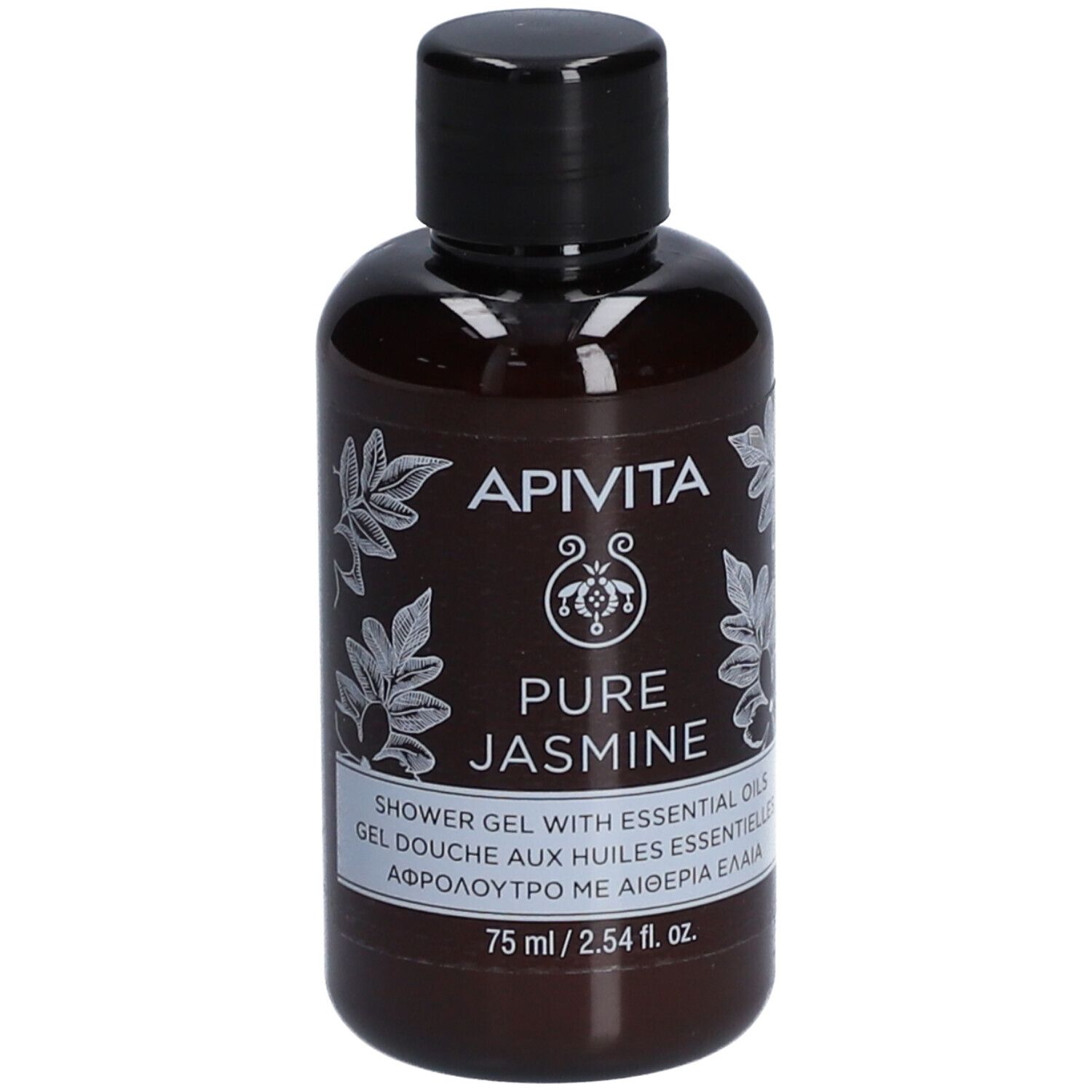 Flacon marron avec bouchon noir. Inscription: Apivita Pure Jasmine. Texte multilingue. 75 ml.